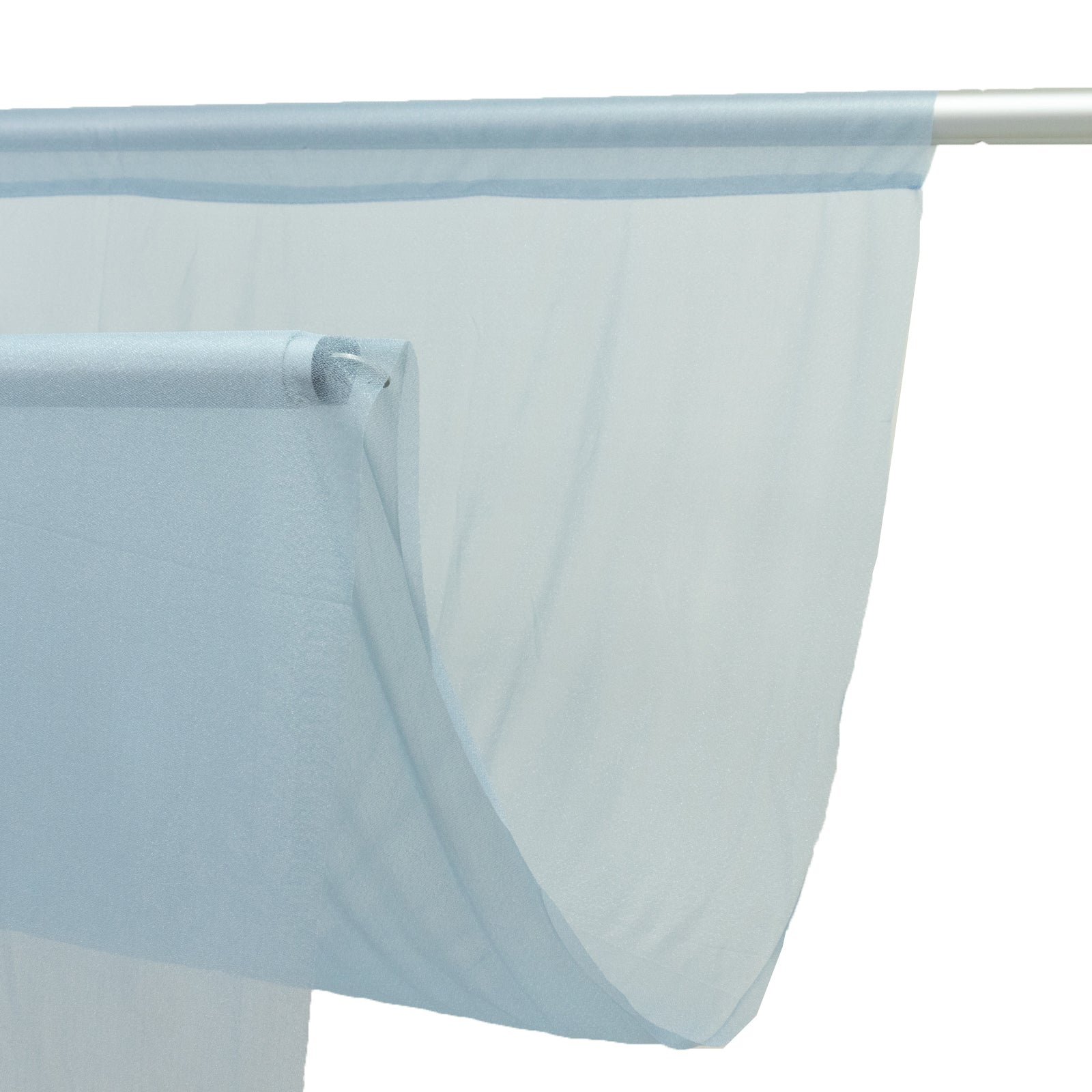 Dusty blue sheer backdrop curtain panel for wedding arch draping.