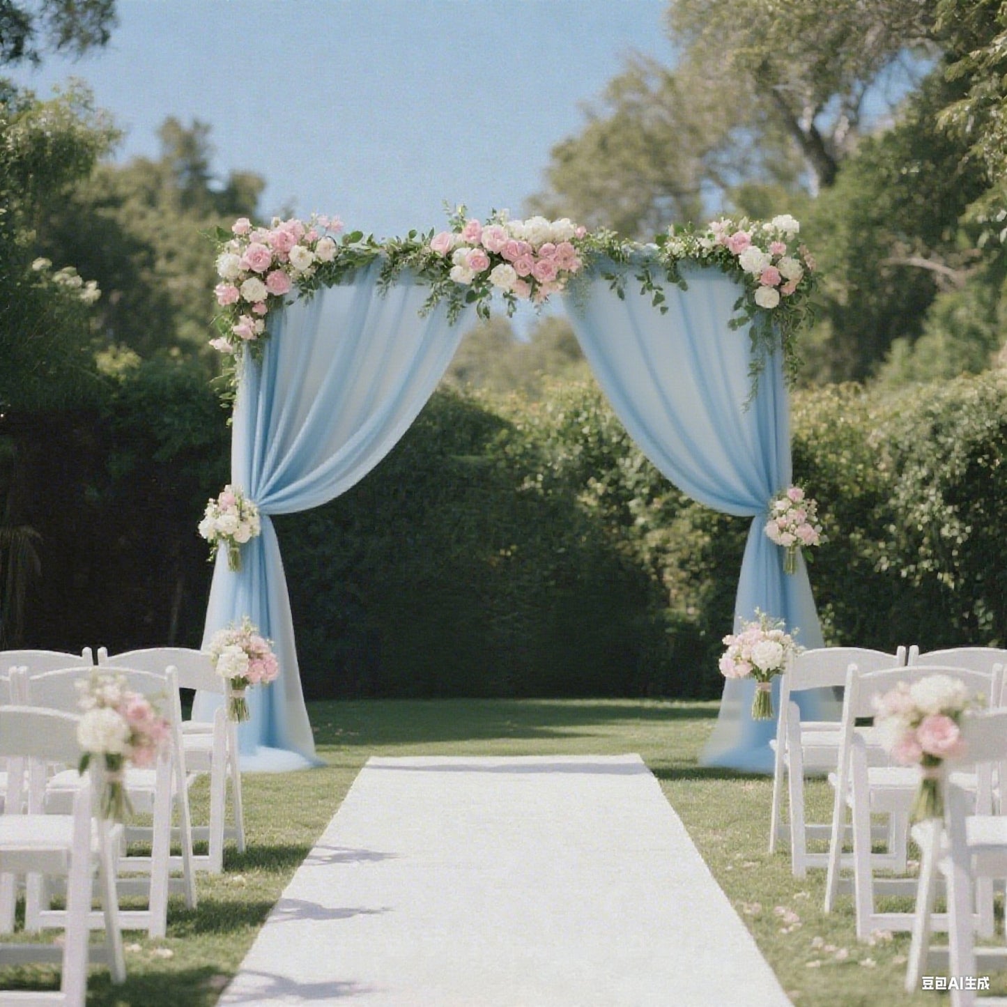 Dusty blue sheer curtain panel draping a wedding arch with floral accents.