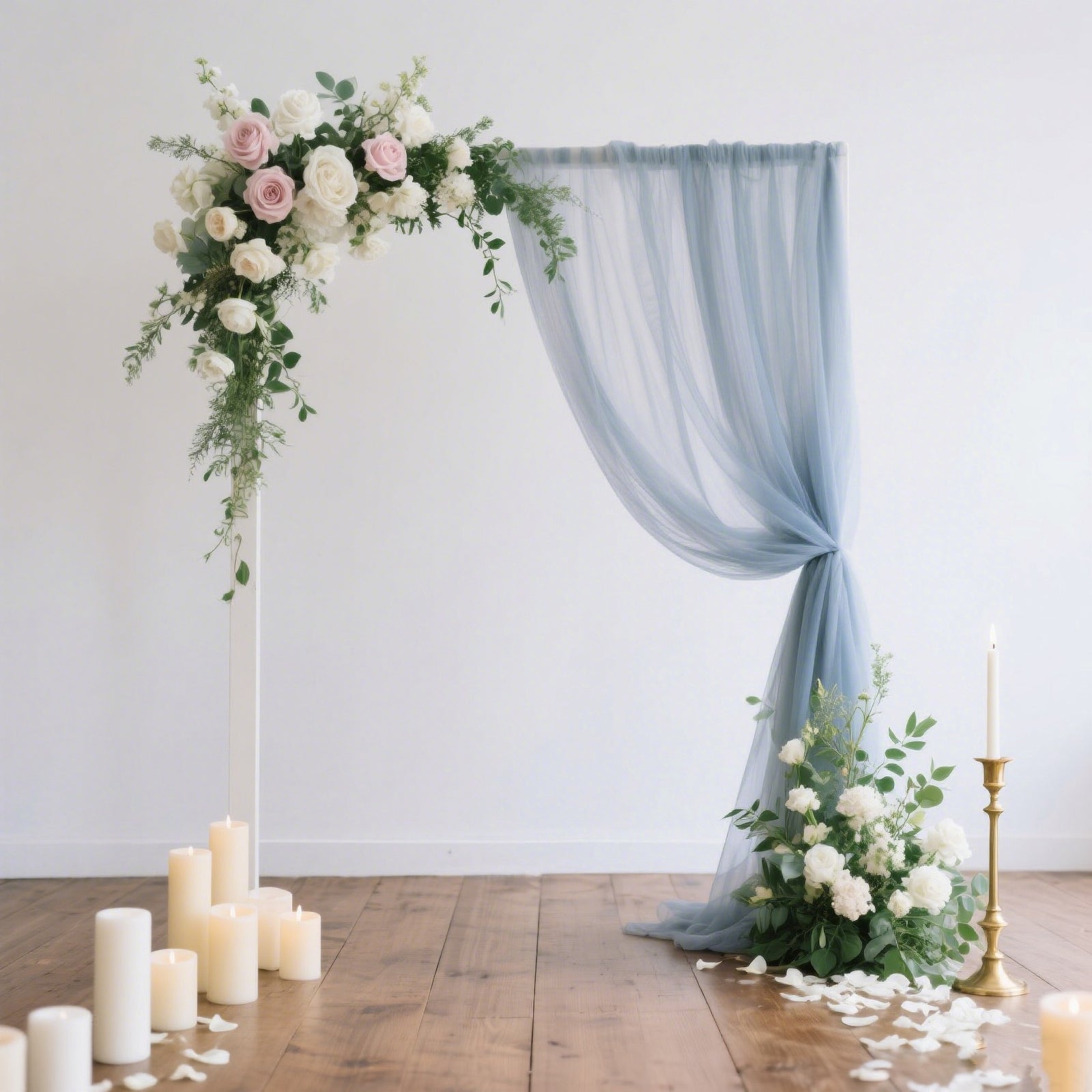 Dusty blue sheer backdrop curtain panel for weddings and events.