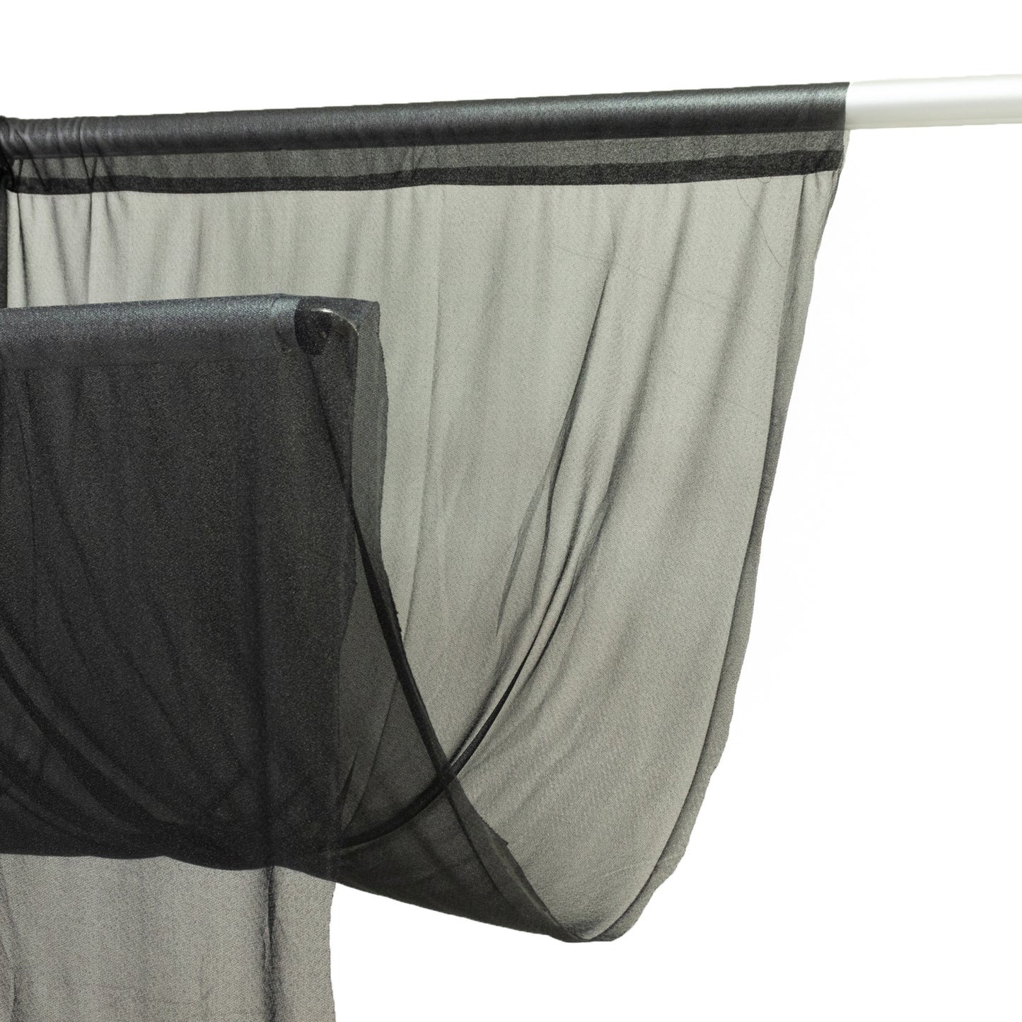 Black sheer backdrop curtain panel for weddings and events.