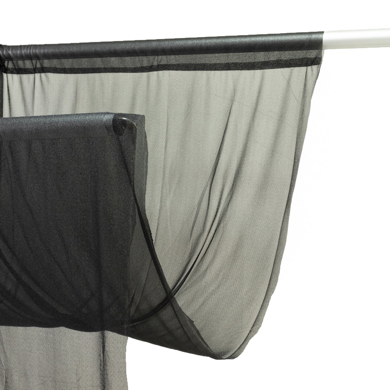 Black sheer backdrop curtain panel for weddings and events.