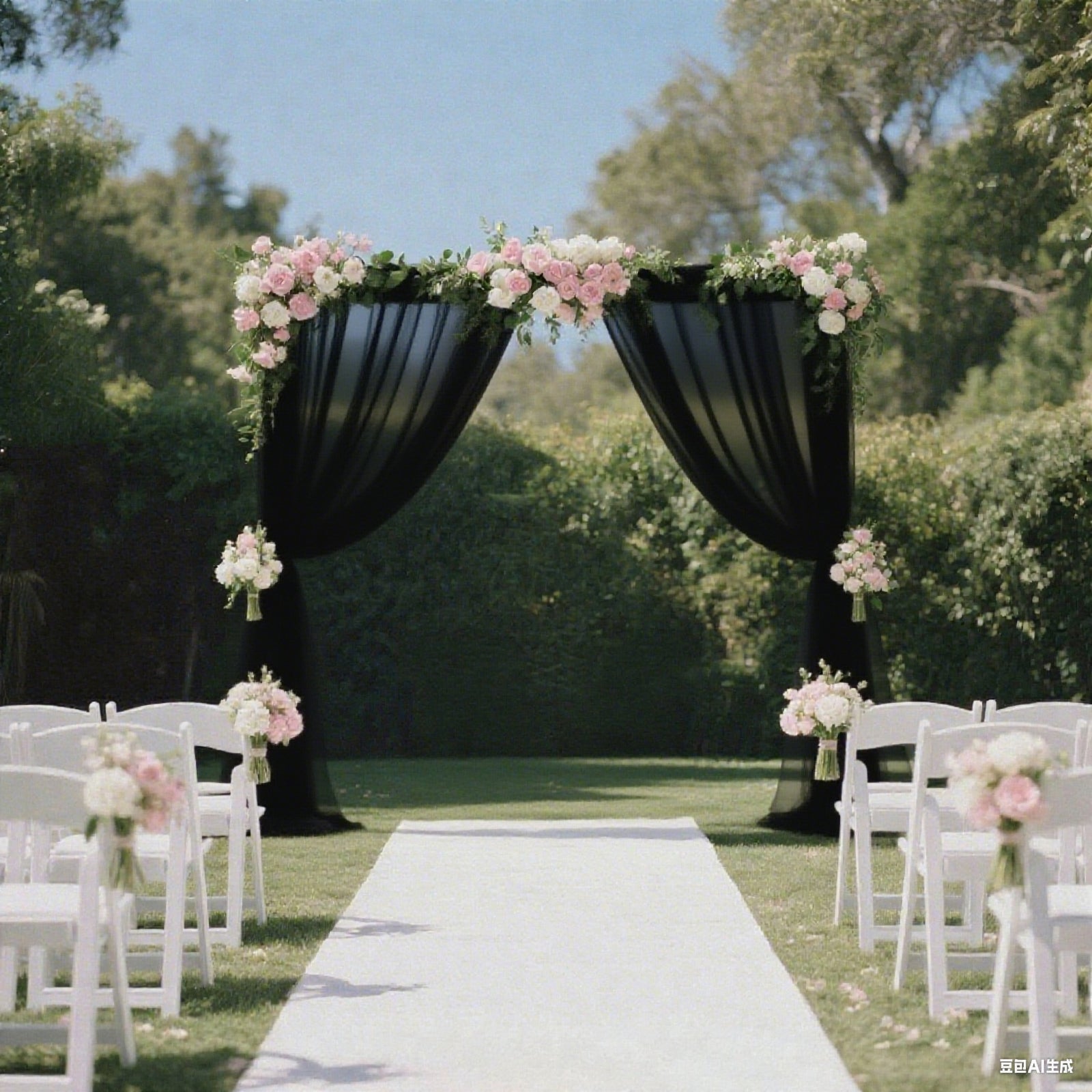Black sheer backdrop curtain panel draping a wedding arch with floral accents.