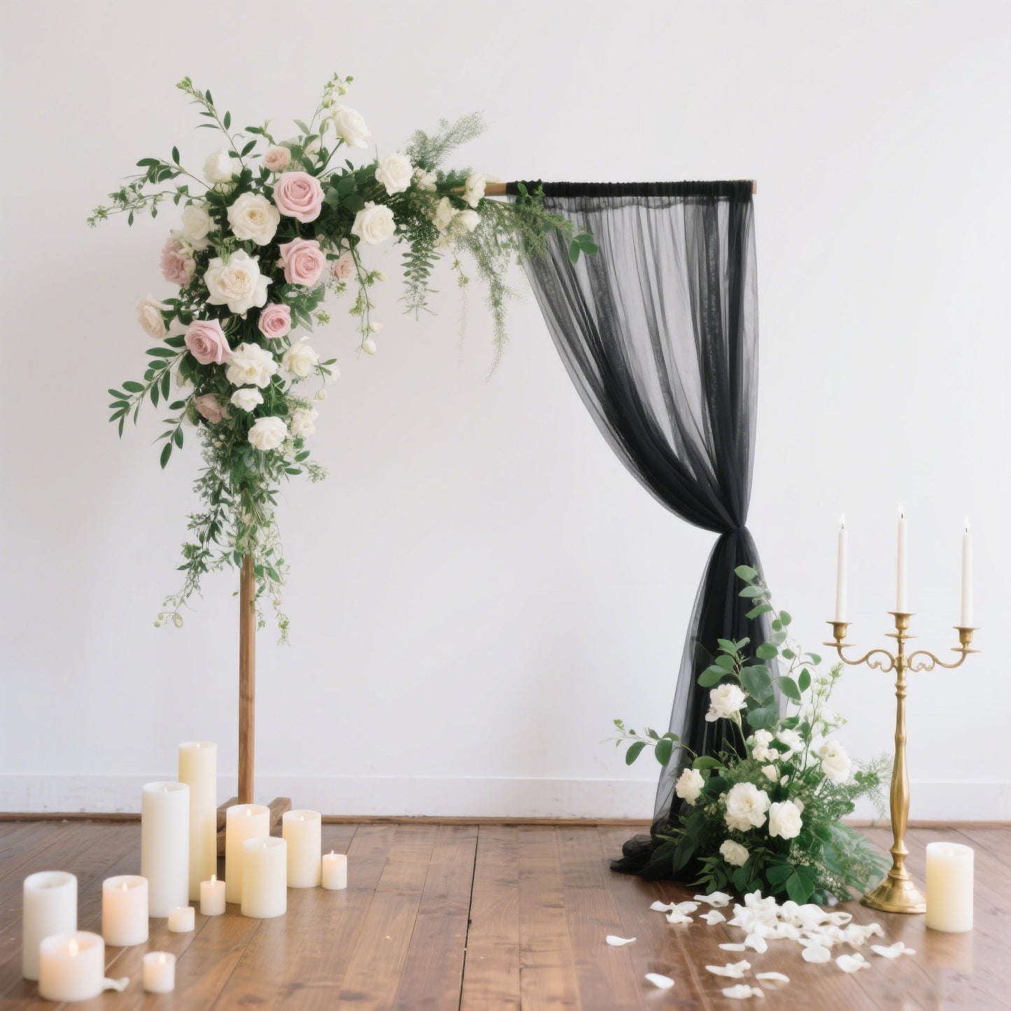 Black sheer backdrop curtain panel for wedding arch drape.