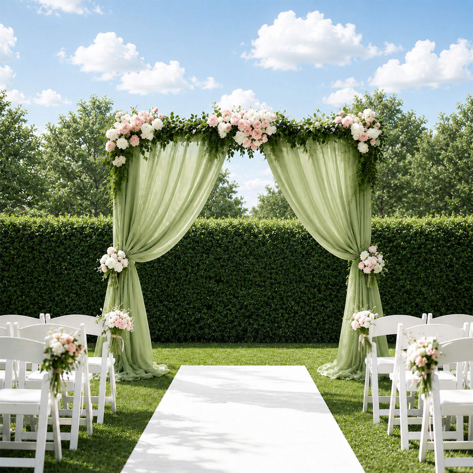 Dusty sage green backdrop curtain panel for wedding arch draping.
