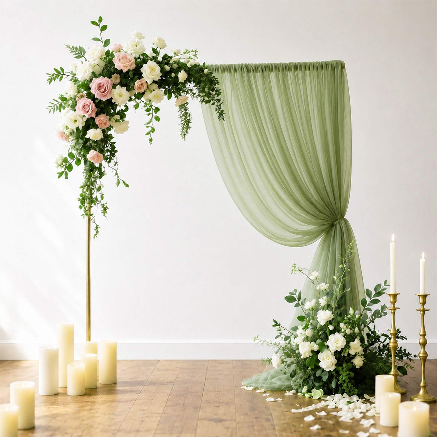 Sheer dusty sage green backdrop curtain panel for wedding arch draping.