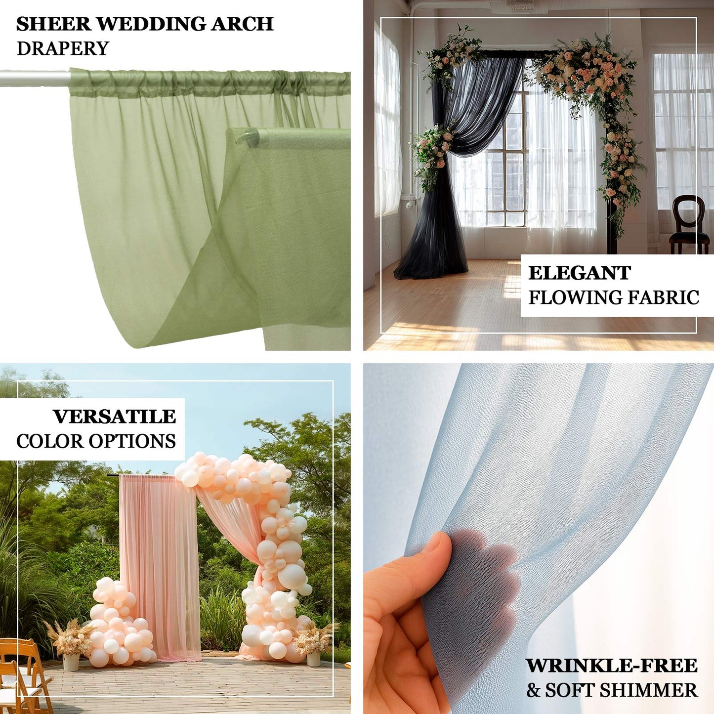 Dusty blue sheer backdrop curtain panel for wedding arch drape.