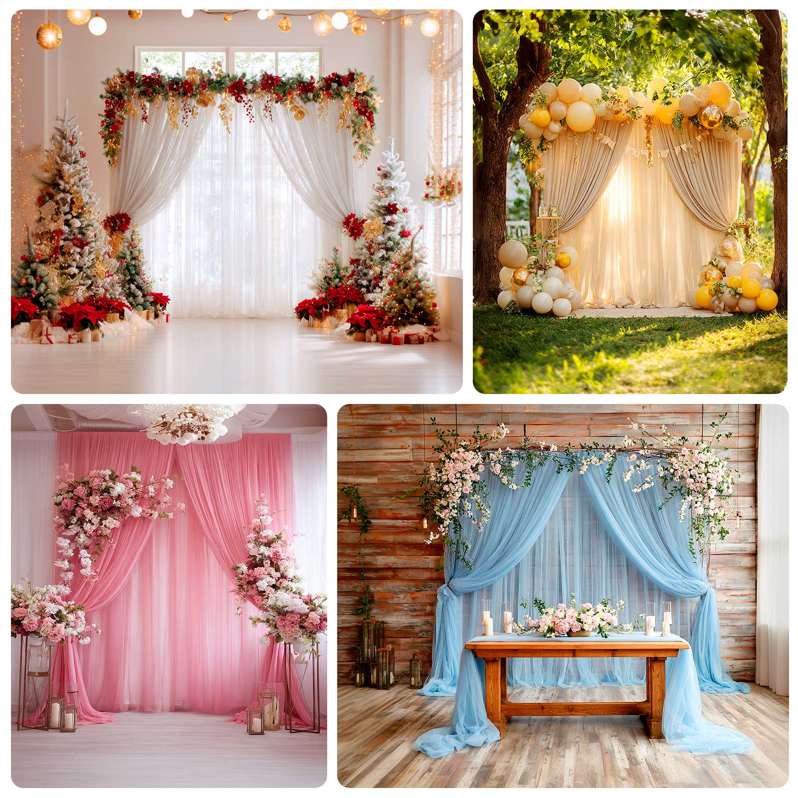 Ivory sheer backdrop curtain panel for wedding arch decoration.