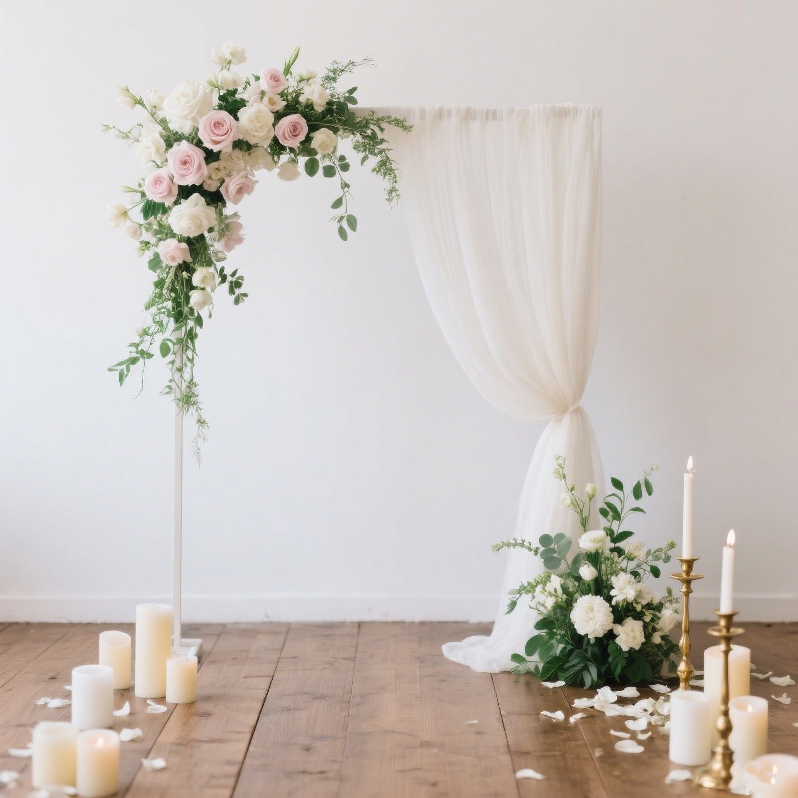 Ivory sheer backdrop curtain panel for wedding arch decor.