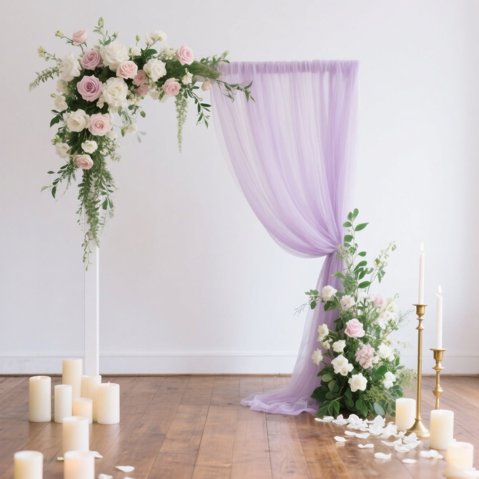 Lavender sheer backdrop curtain panel for wedding arch decoration.