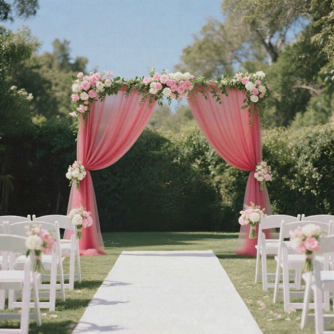Mauve sheer backdrop curtain panel for wedding arch drape.