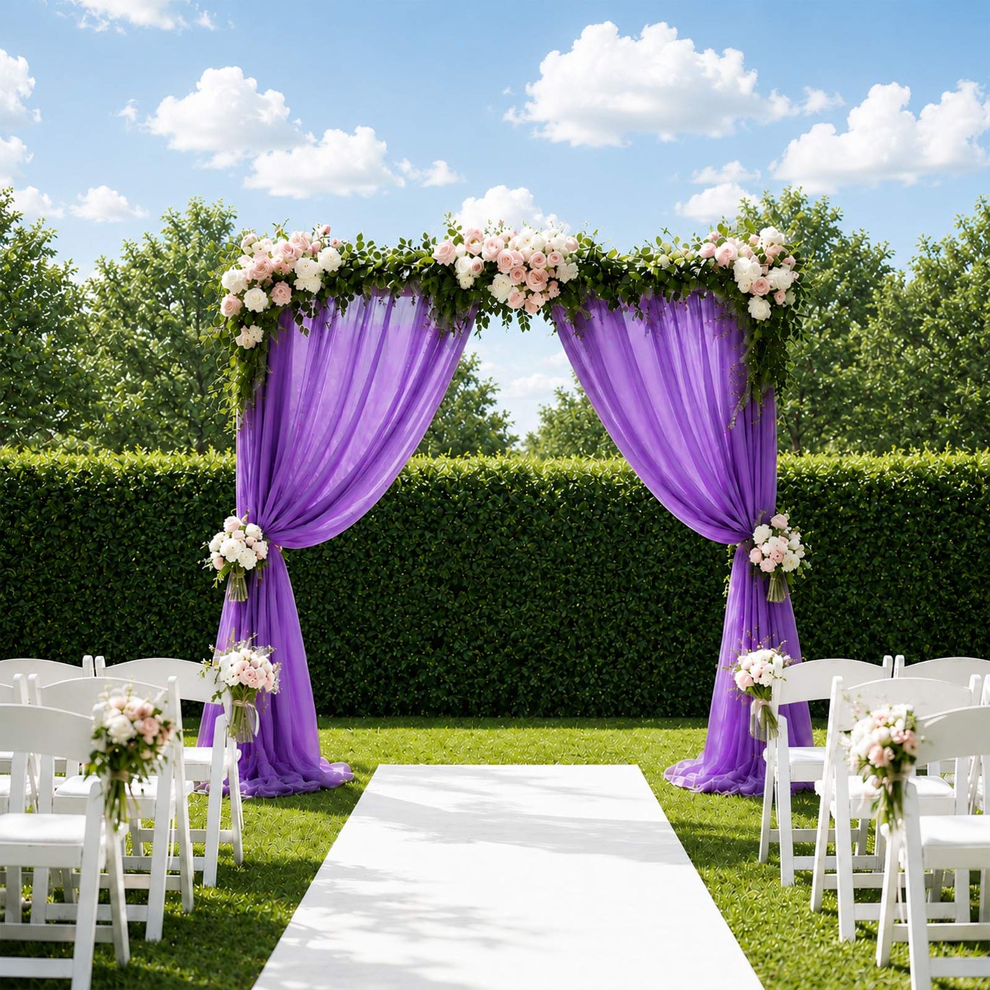 Purple sheer backdrop curtain panel for wedding arch drape.