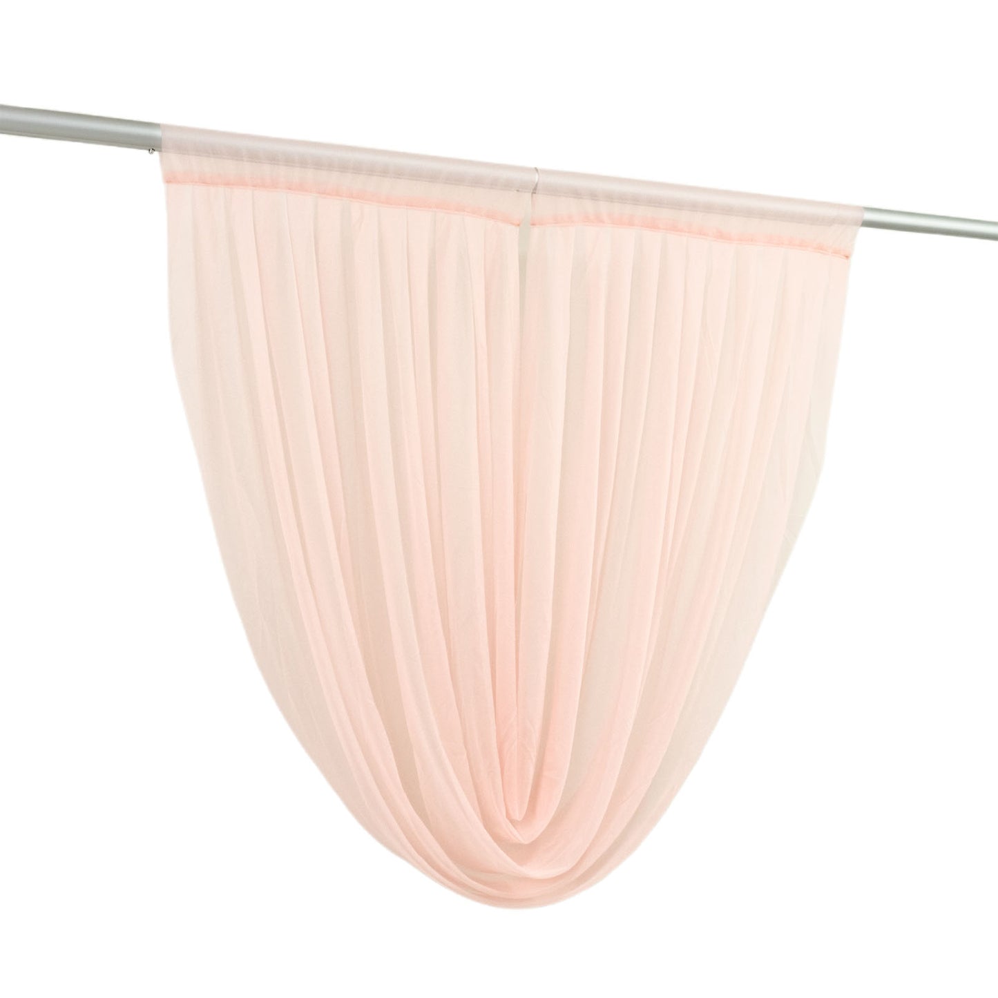 Blush chiffon backdrop valance drapes, curved swag topper panel.