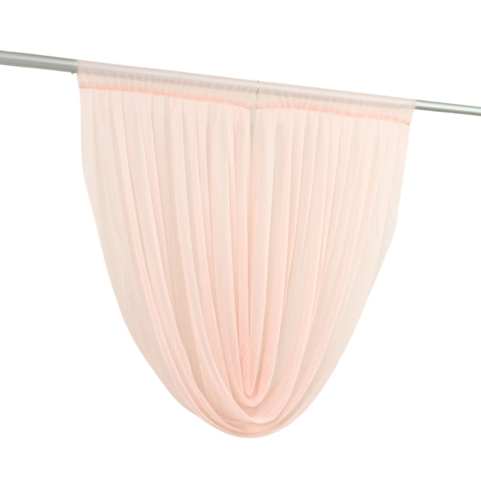 Blush chiffon backdrop valance drapes, curved swag topper panel.
