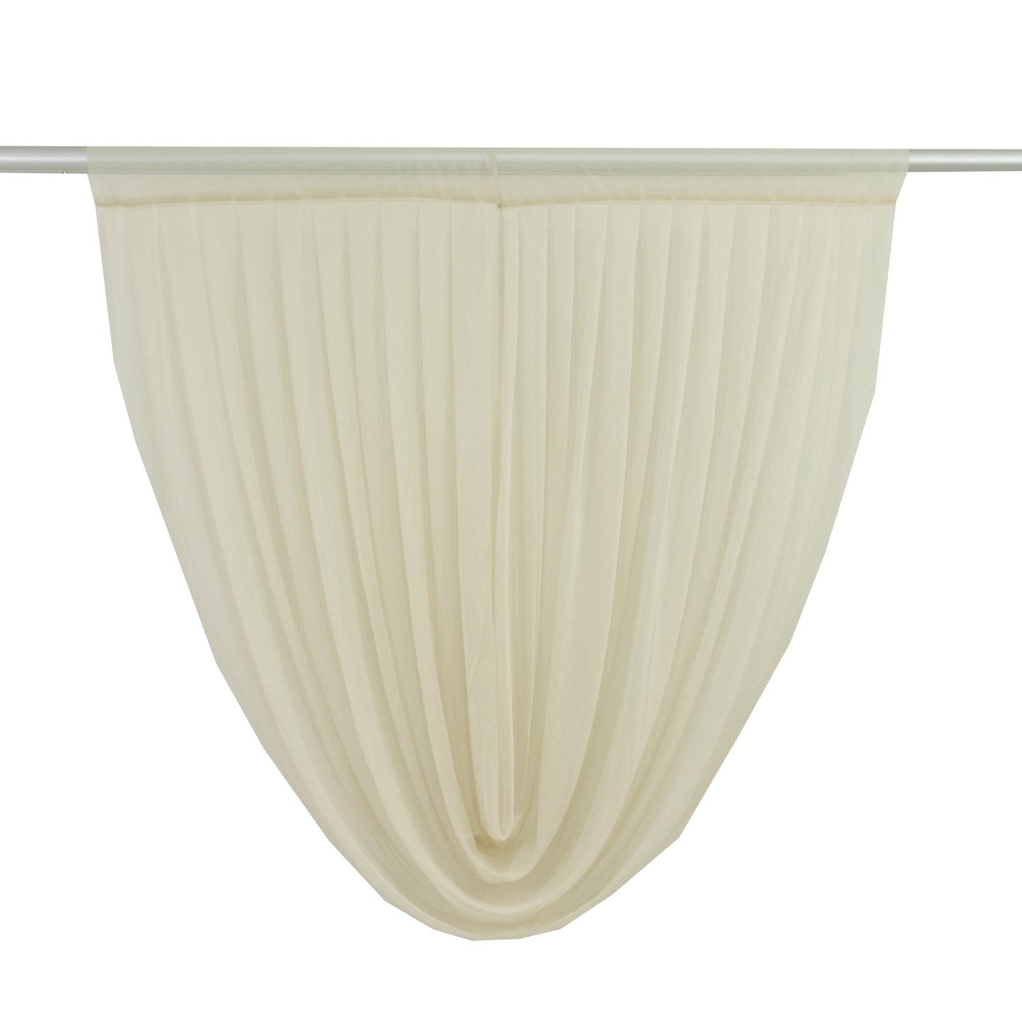 Beige sheer chiffon backdrop valance drapes with a curved swag design.