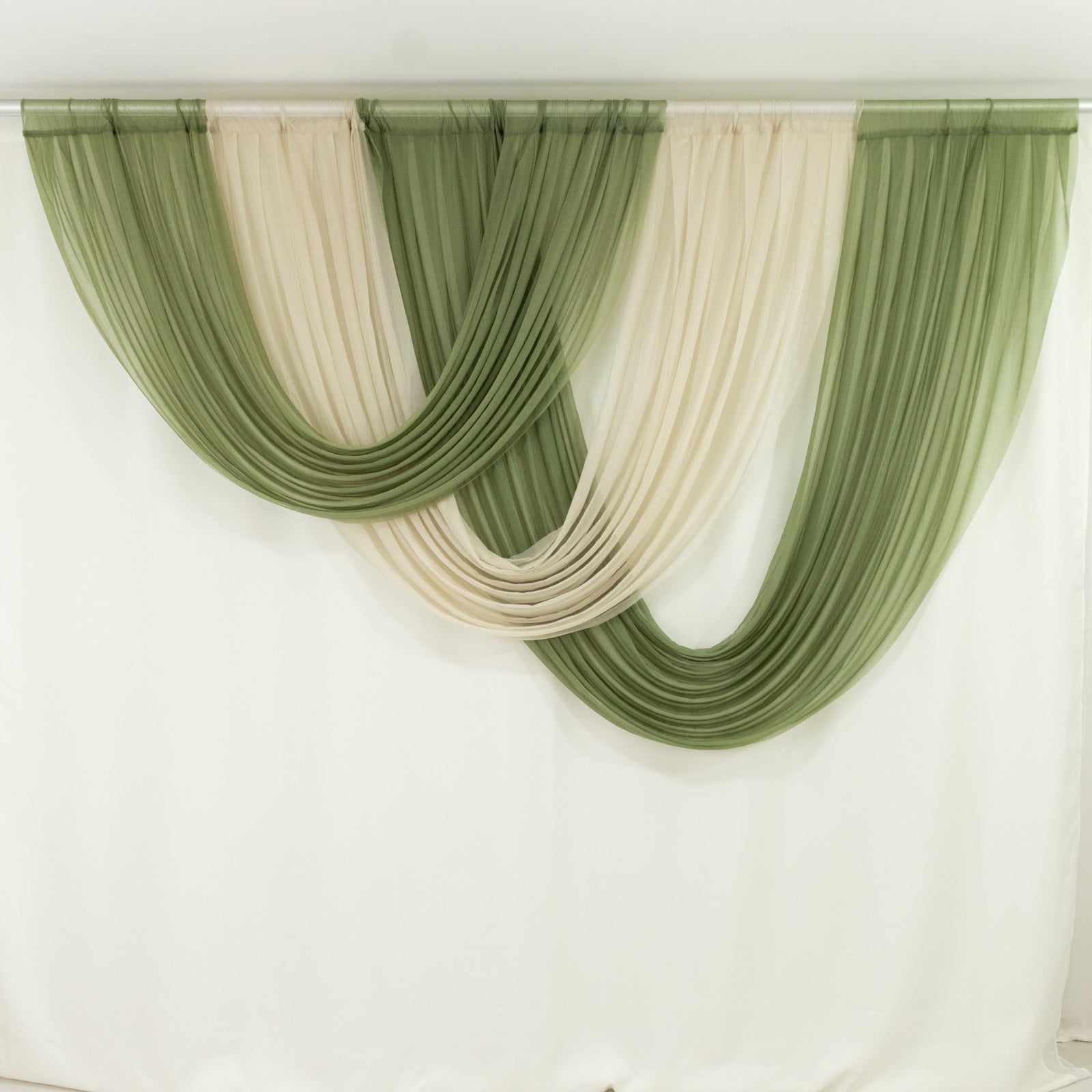 beige sheer chiffon backdrop valance drapes with green accents
