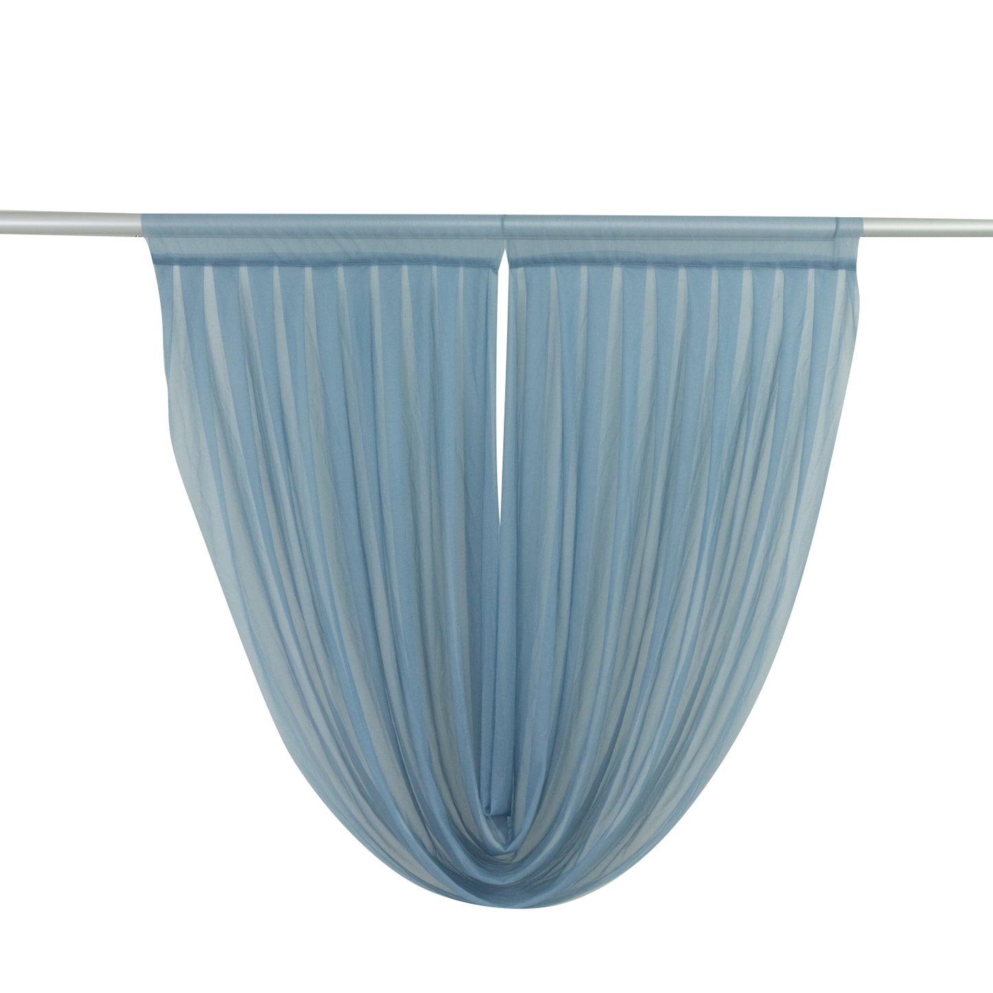 Dusty blue sheer chiffon backdrop valance drapes with a curved swag design.