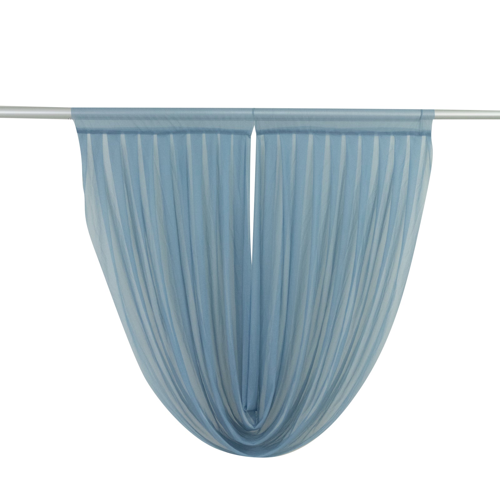 Dusty blue sheer chiffon backdrop valance drapes with a curved swag design.