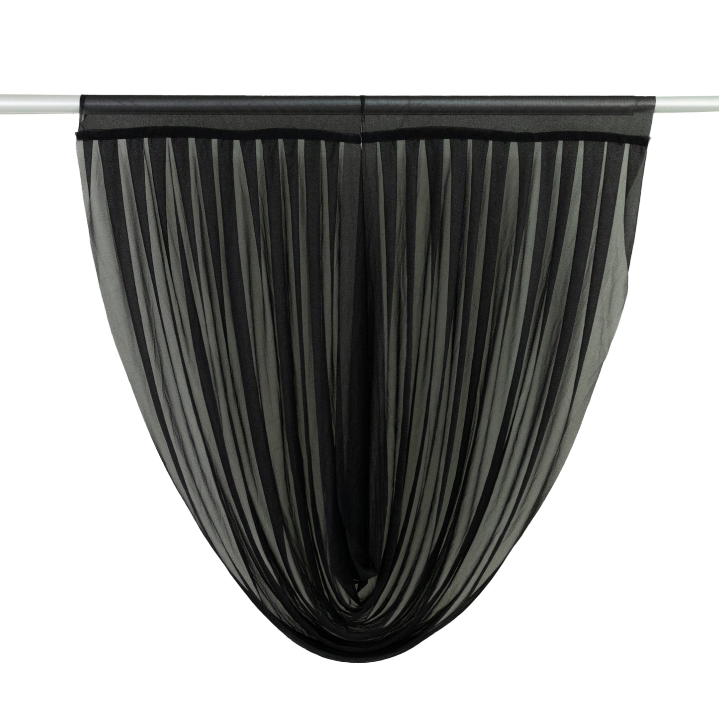 Black sheer chiffon backdrop valance drapes with curved swag design.