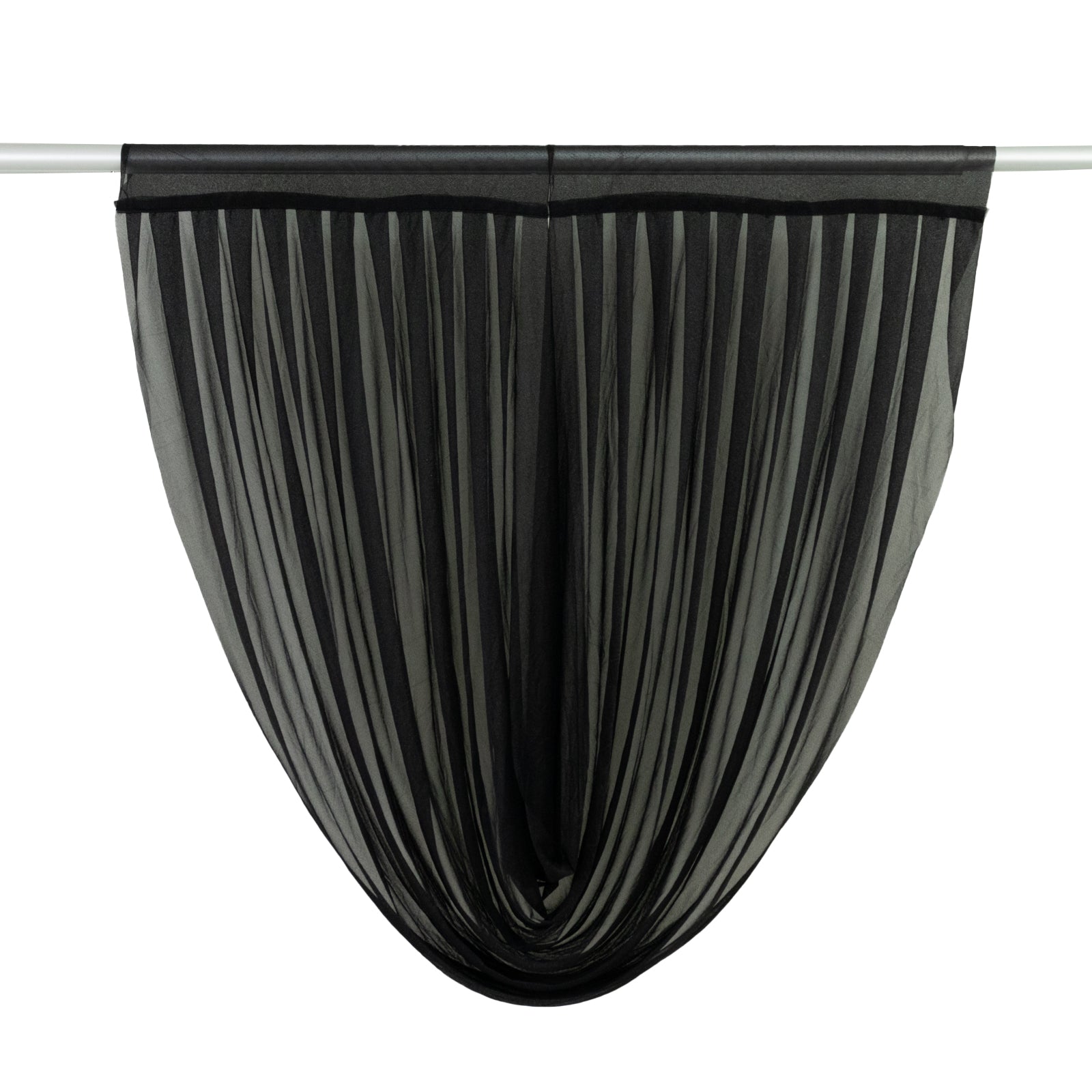 Black sheer chiffon backdrop valance drapes with curved swag design.