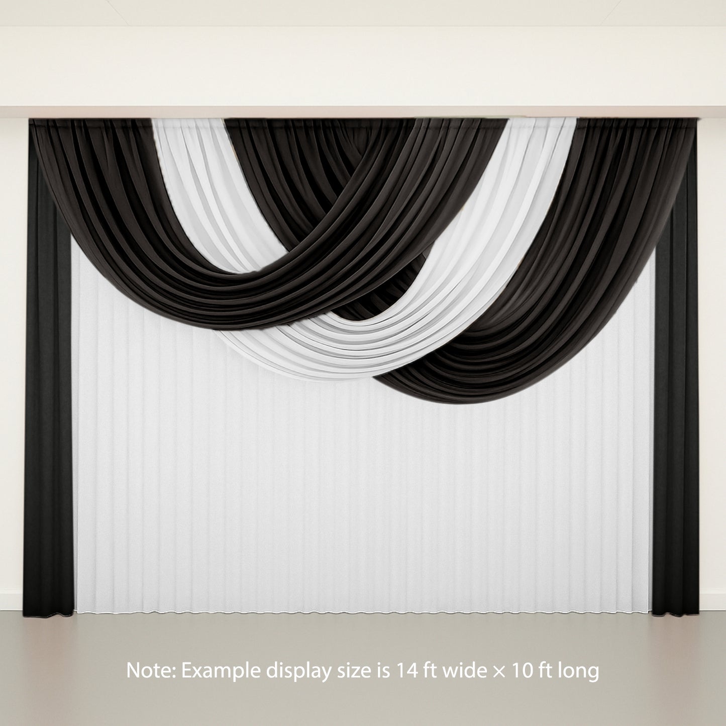 Black sheer chiffon backdrop valance drapes with curved swag design.