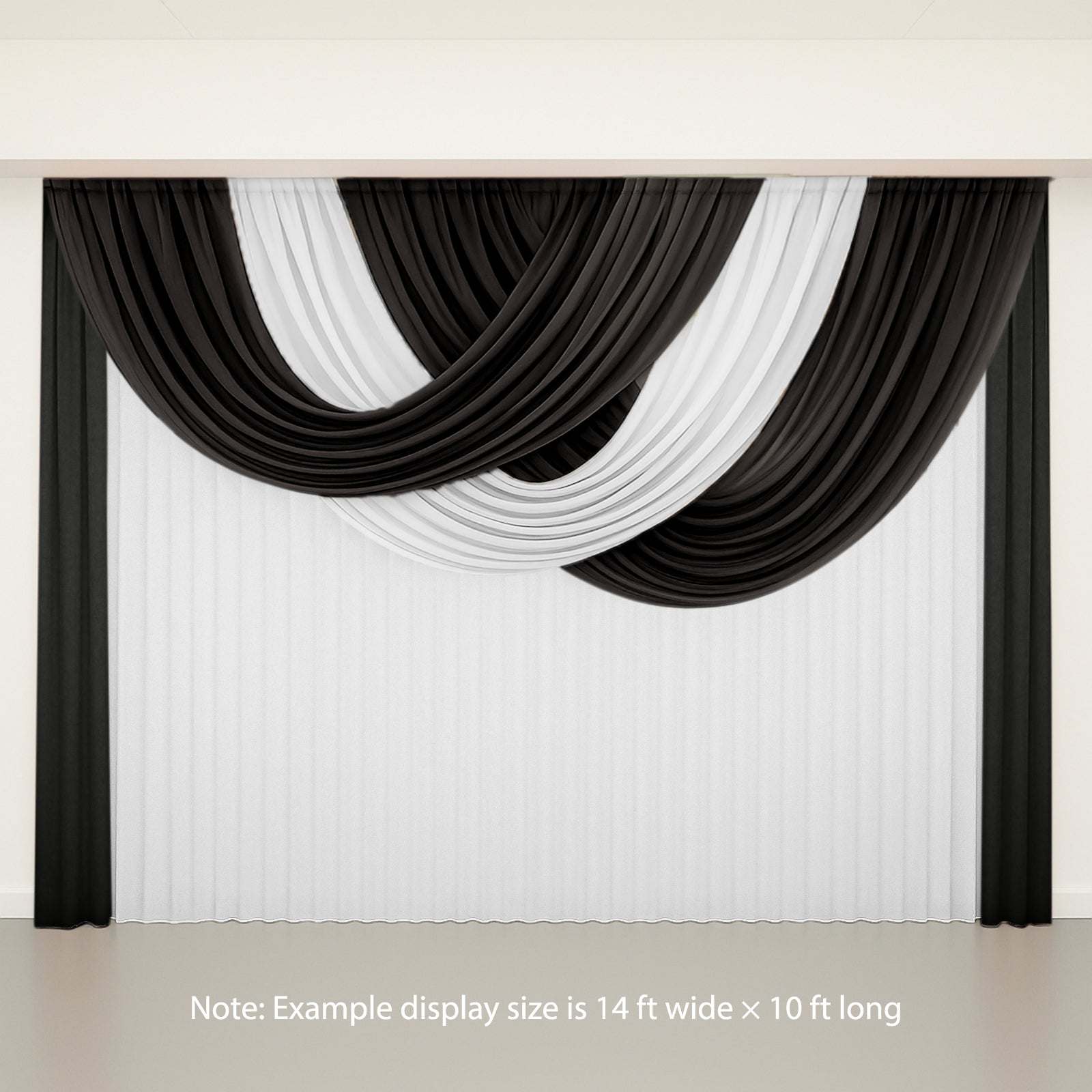 Black sheer chiffon backdrop valance drapes with curved swag design.