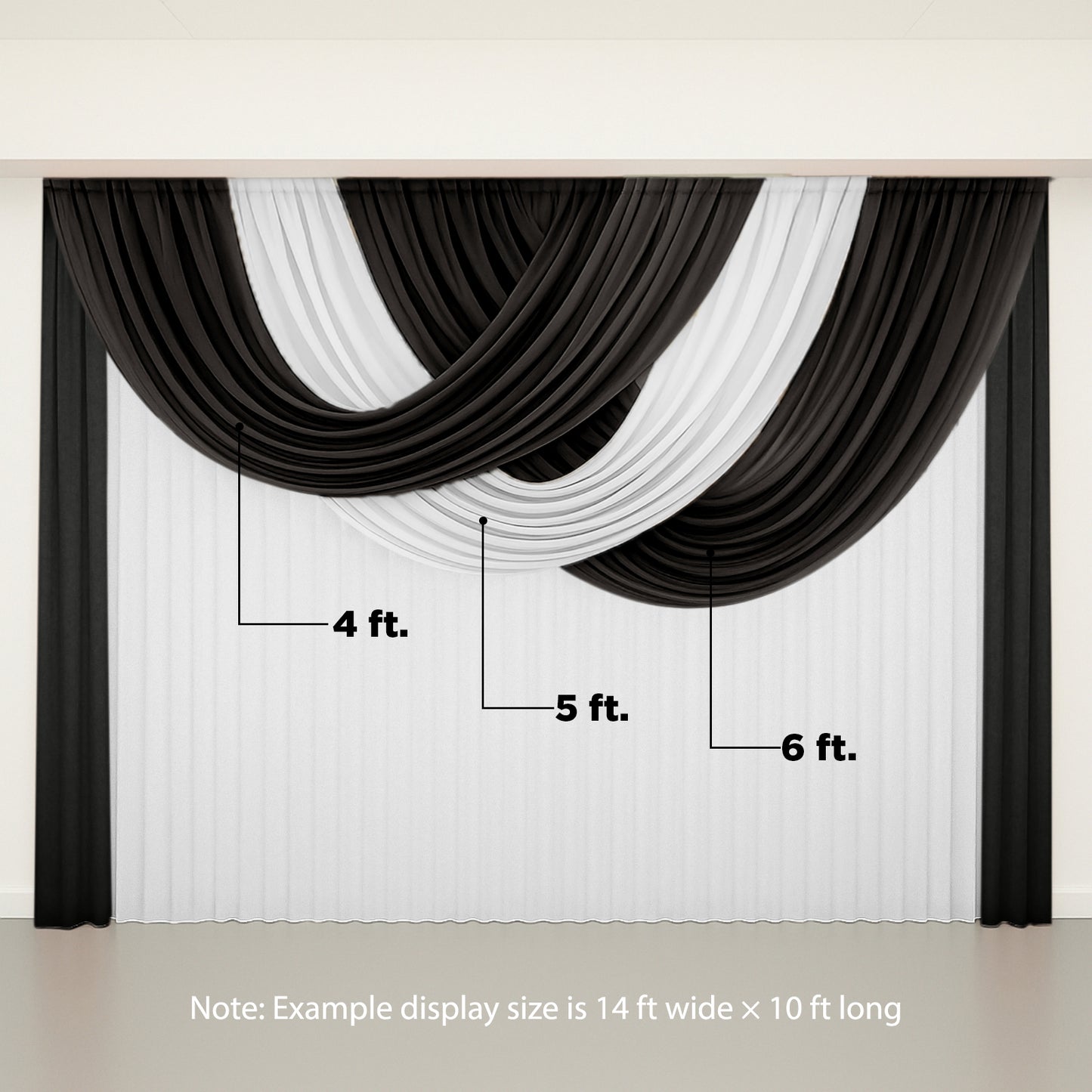 Black sheer chiffon backdrop valance drapes with curved swag design.