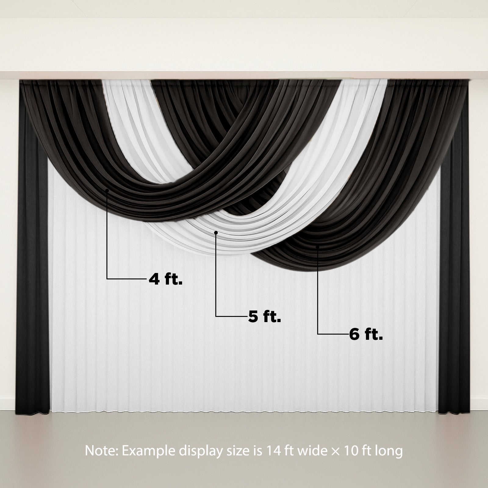 Black sheer chiffon backdrop valance drapes with curved swag design.