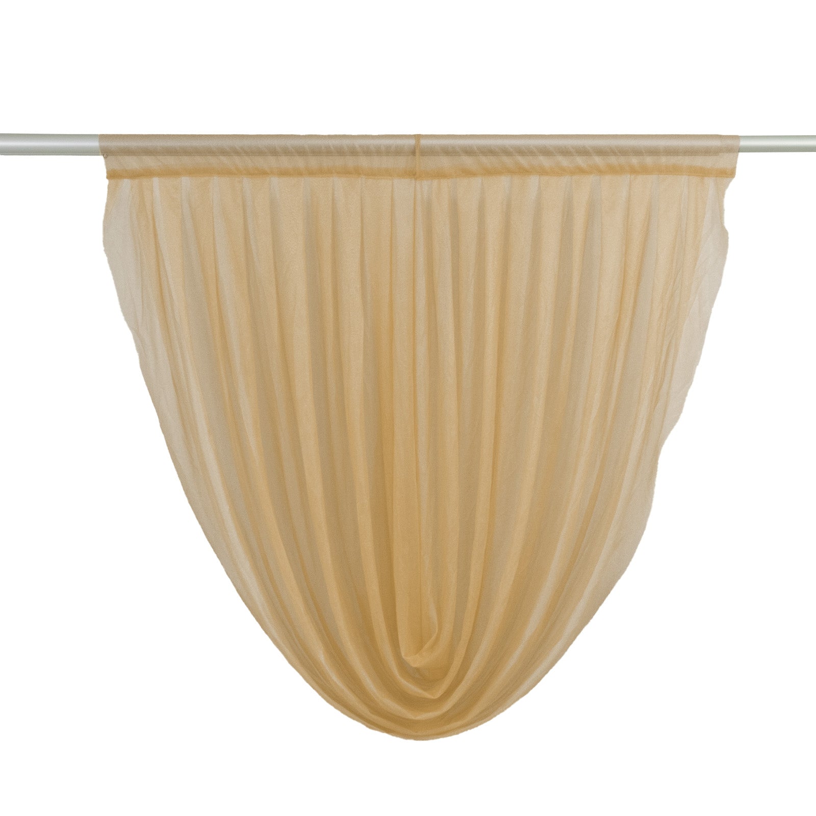 Champagne sheer chiffon backdrop valance drapes with curved swag design.