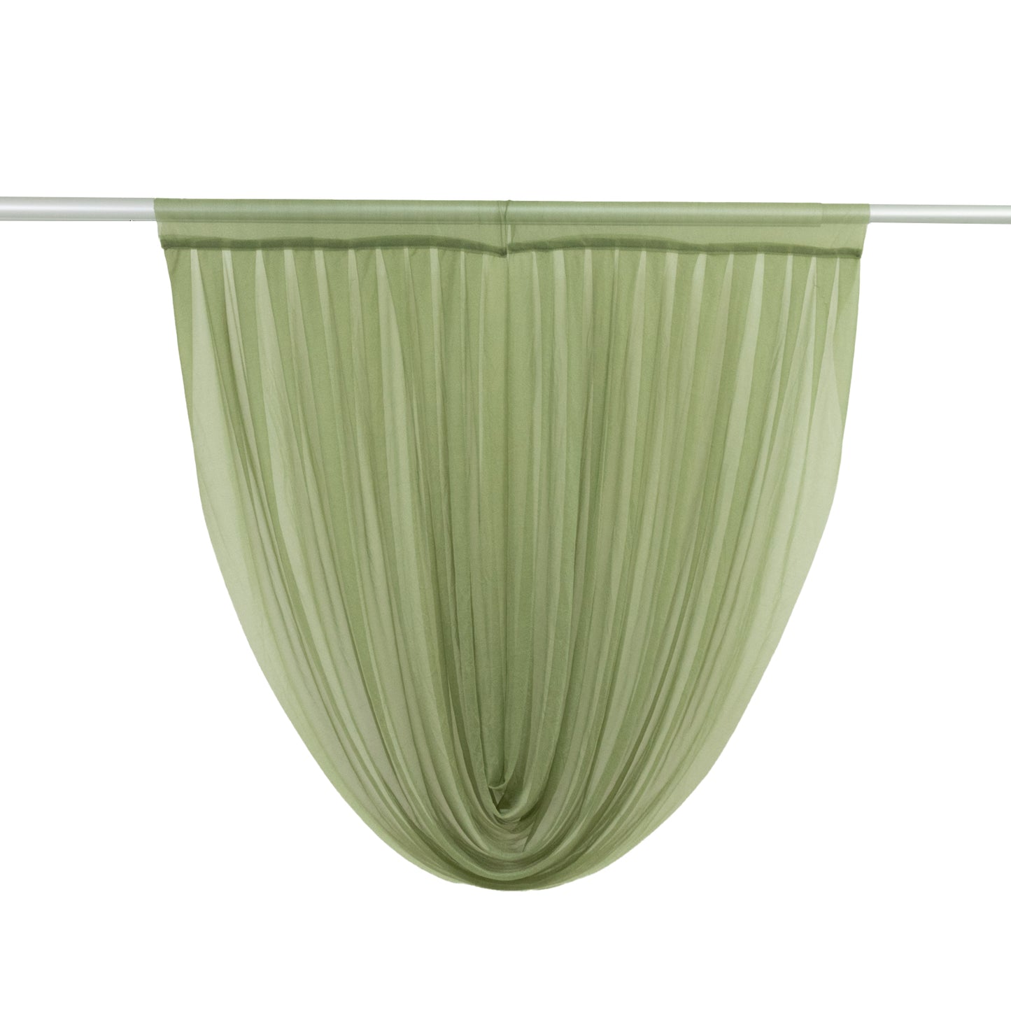 Dusty sage green chiffon backdrop valance drapes with curved swag design.