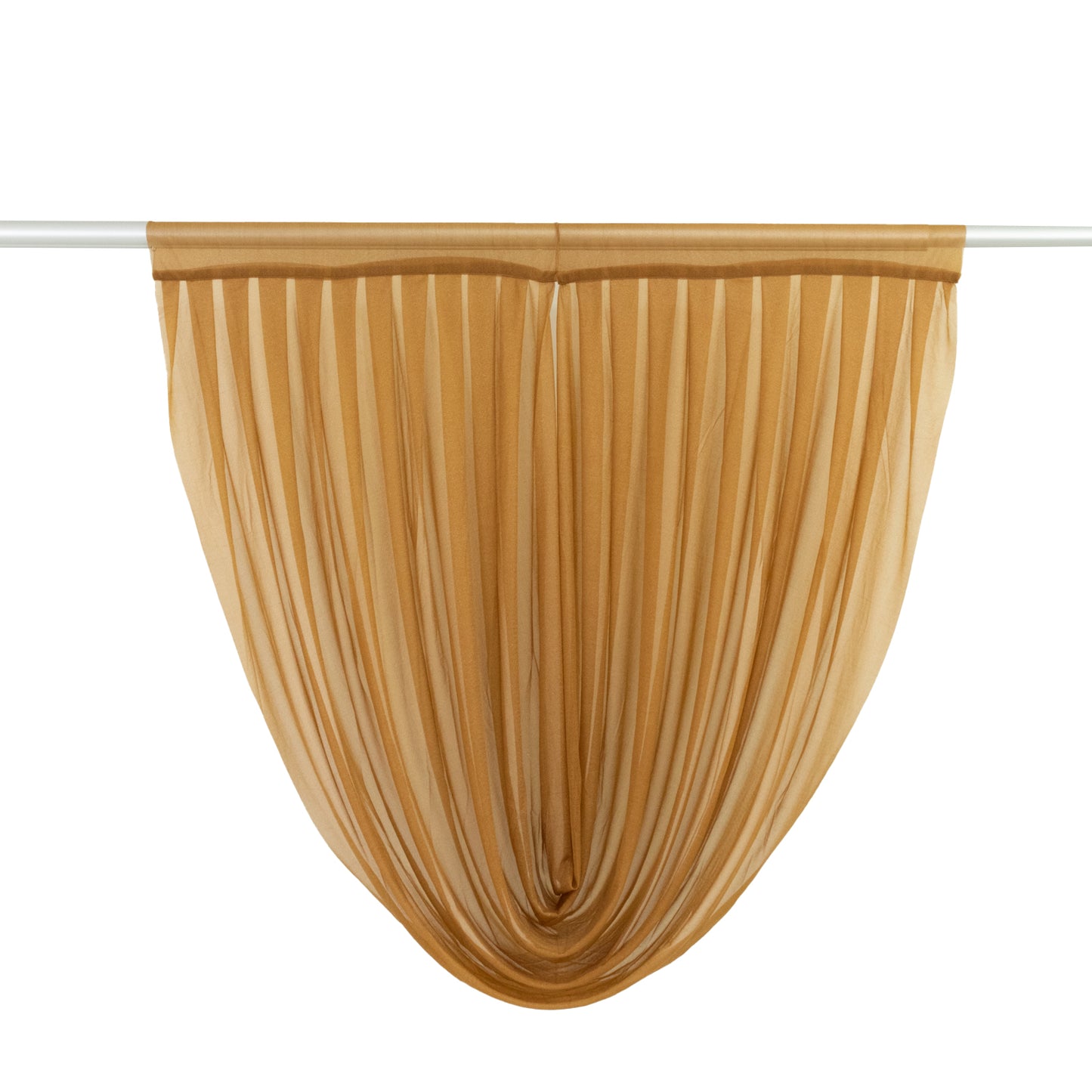 Gold sheer chiffon backdrop drapes with curved swag topper panel.