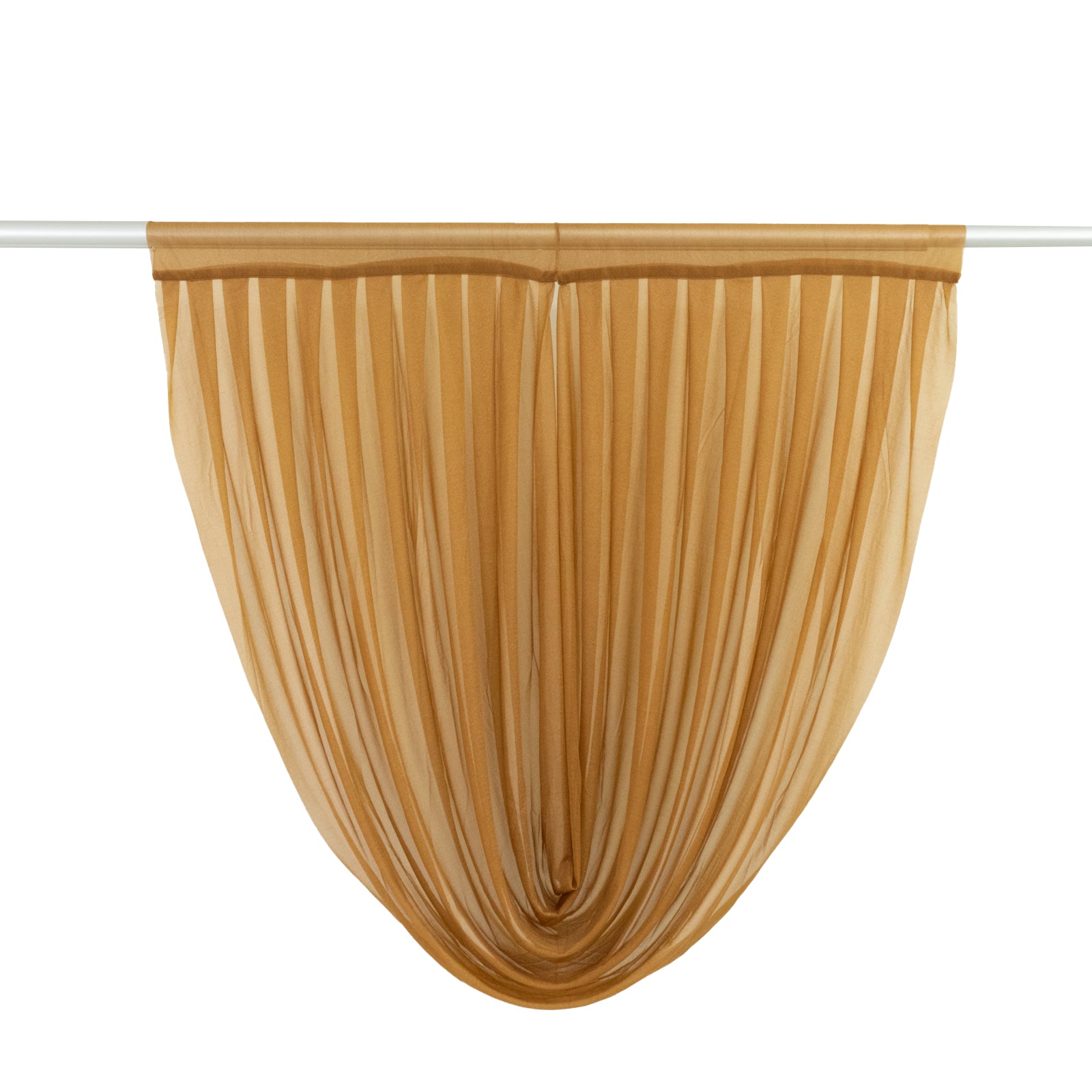 Gold sheer chiffon backdrop drapes with curved swag topper panel.
