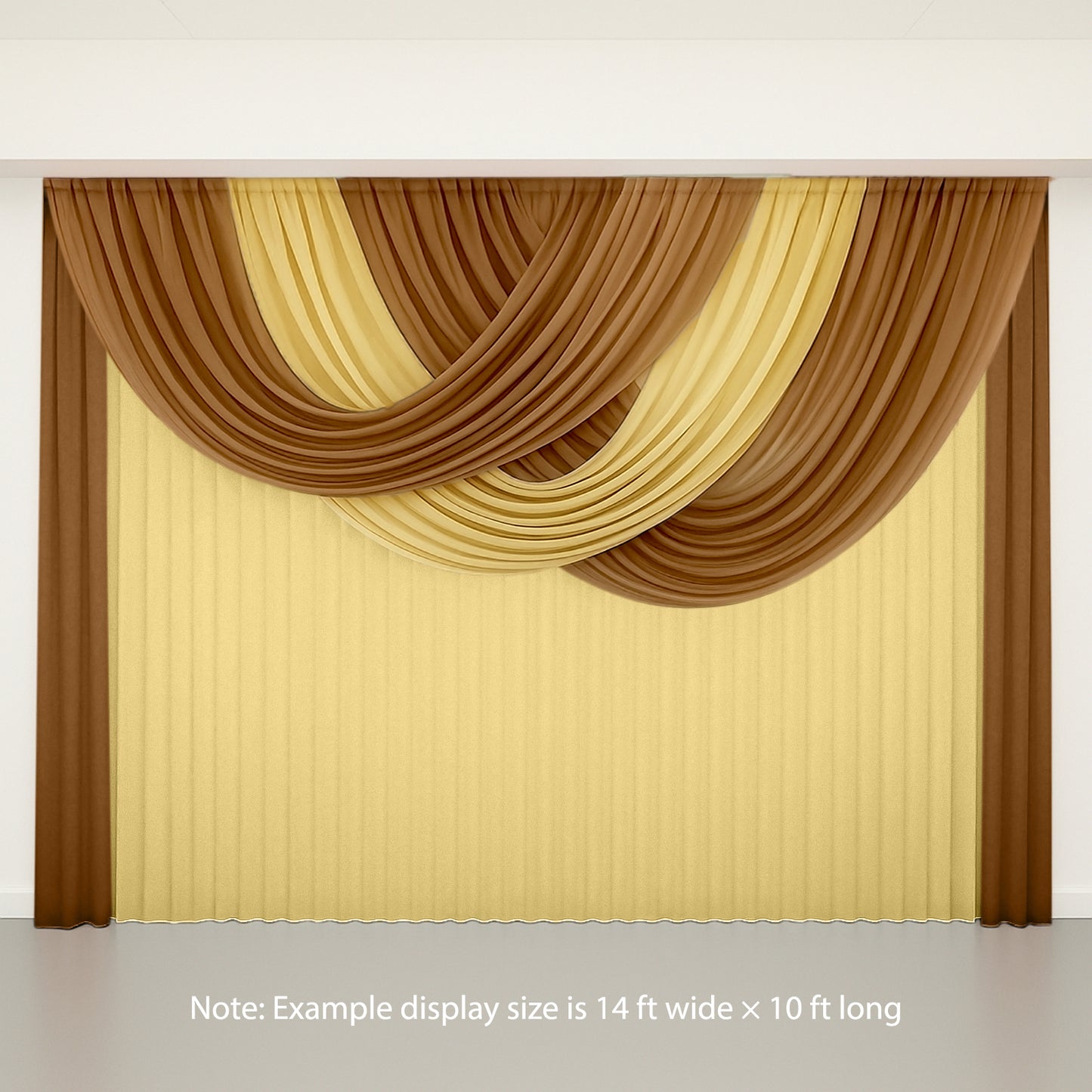 Gold sheer chiffon backdrop valance drapes with curved swag topper panel.
