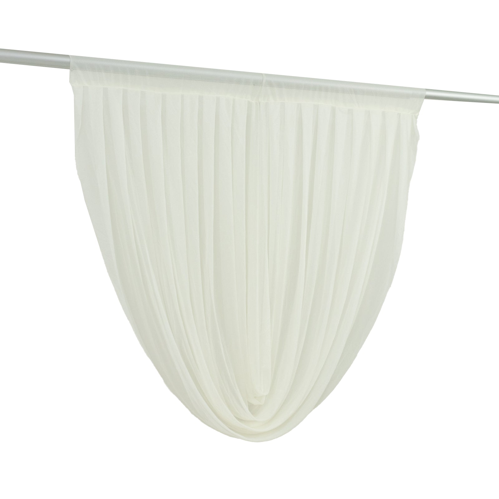 Ivory sheer chiffon backdrop valance drapes with curved swag design.