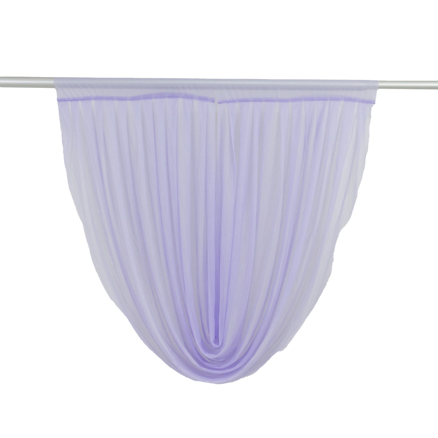 Lavender lilac sheer chiffon backdrop drapes curved swag topper panel.