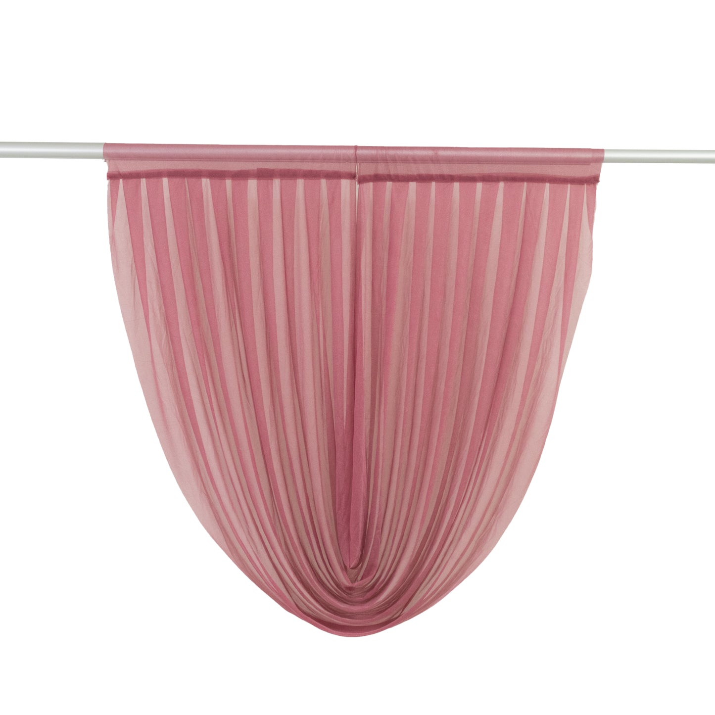 Mauve chiffon backdrop valance drapes with curved swag design.