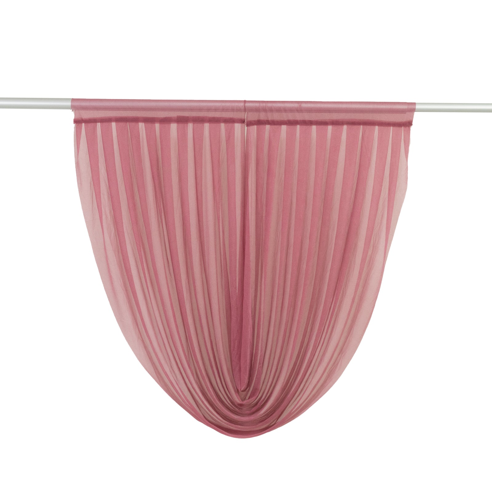 Mauve chiffon backdrop valance drapes with curved swag design.