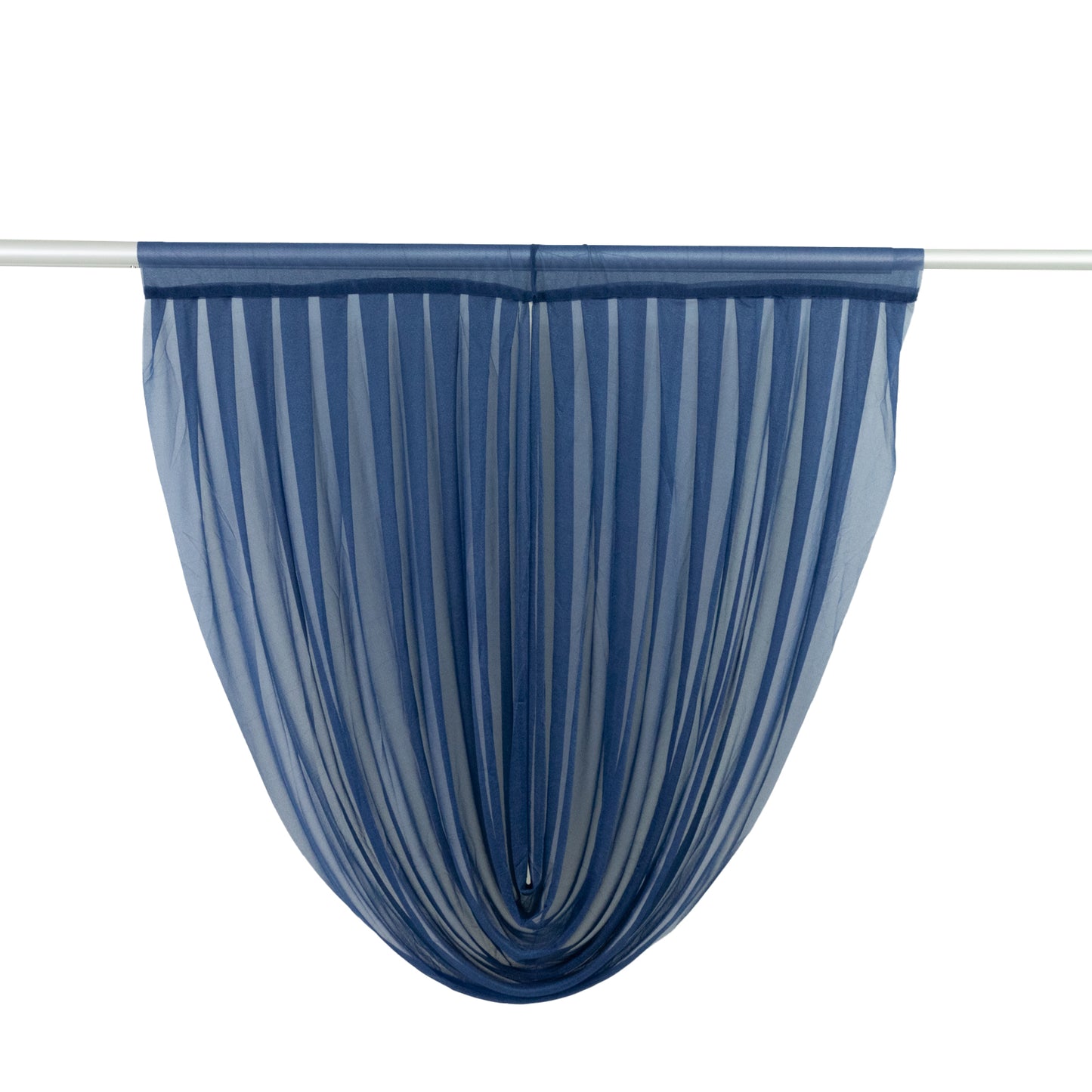 Navy blue sheer chiffon backdrop valance drapes in curved swag design.