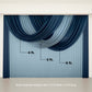Navy blue sheer chiffon backdrop valance drapes with curved swag design.