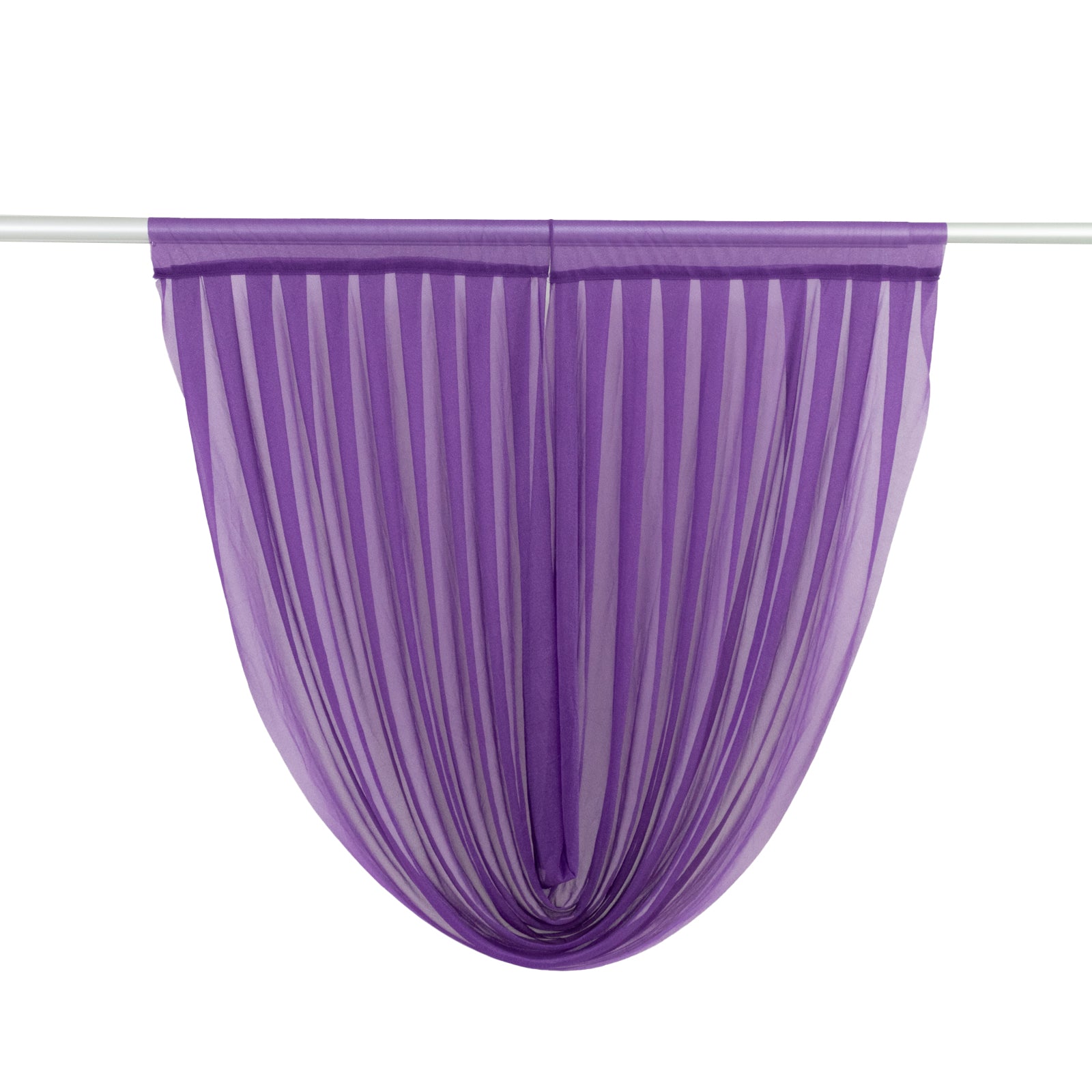 Purple sheer chiffon backdrop valance drapes in a curved swag design.