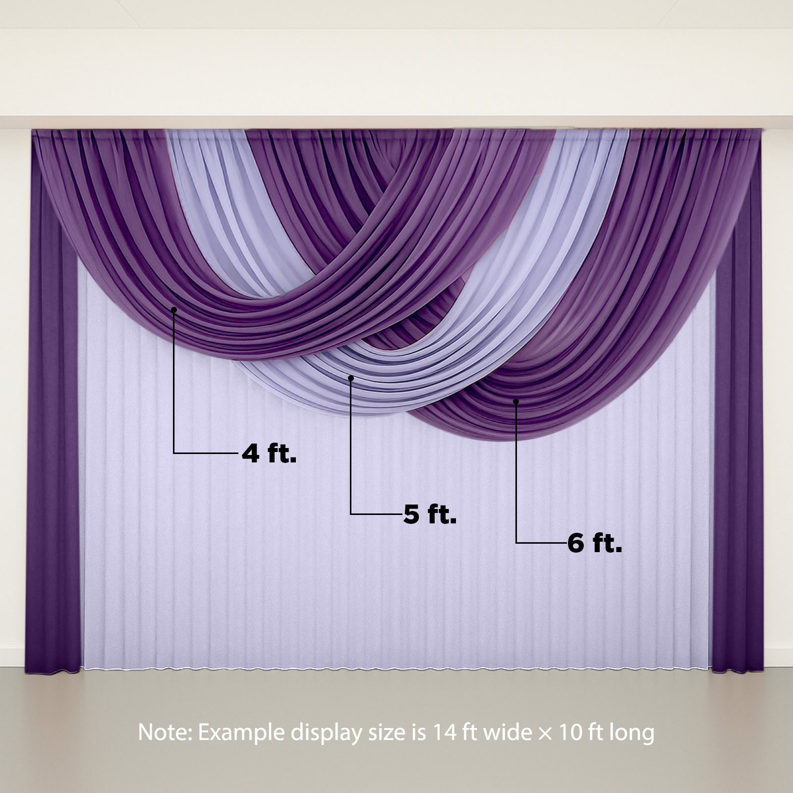 Purple sheer chiffon backdrop valance drapes with curved swag design.