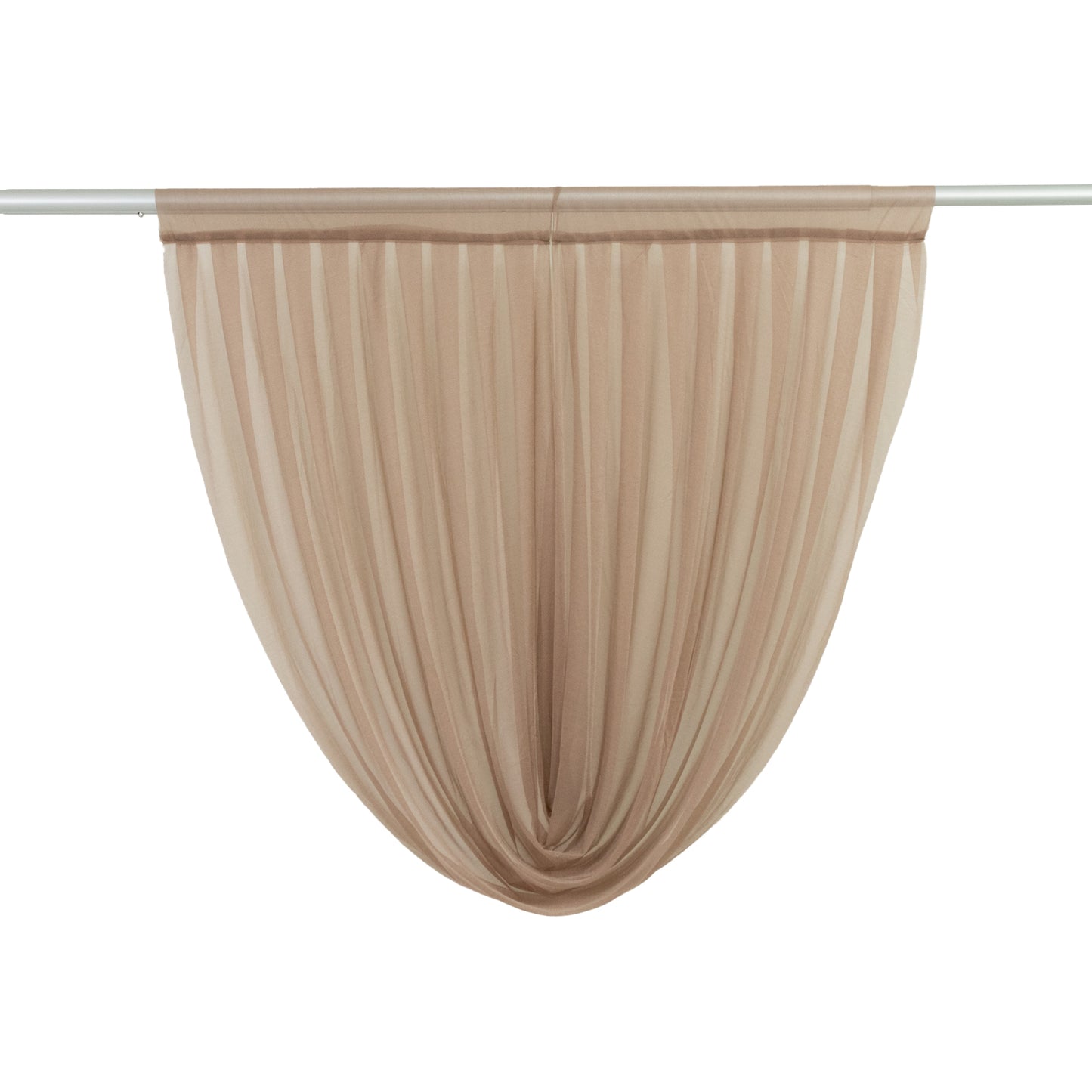 Taupe sheer chiffon backdrop valance drapes in a curved swag design.