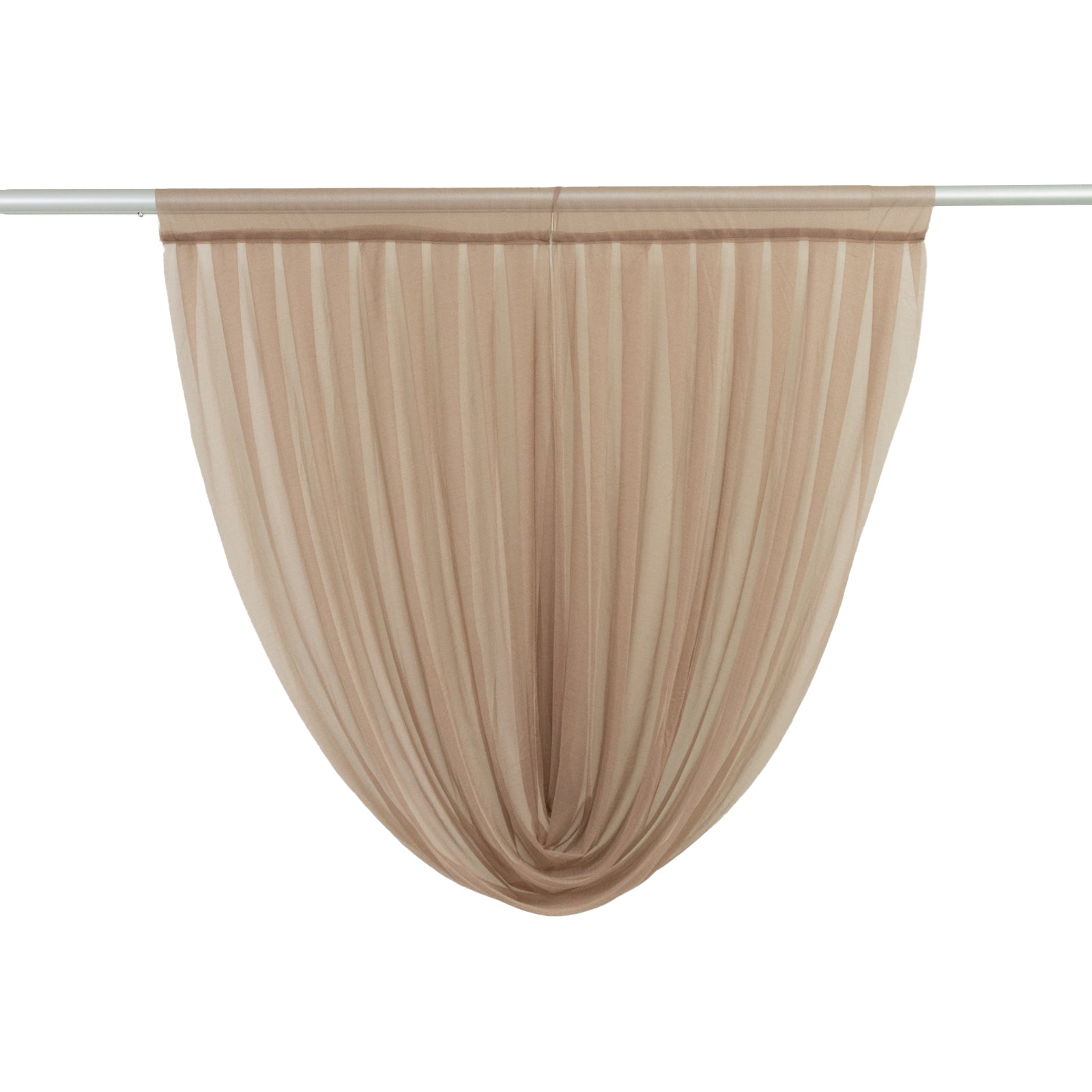 Taupe sheer chiffon backdrop valance drapes in a curved swag design.