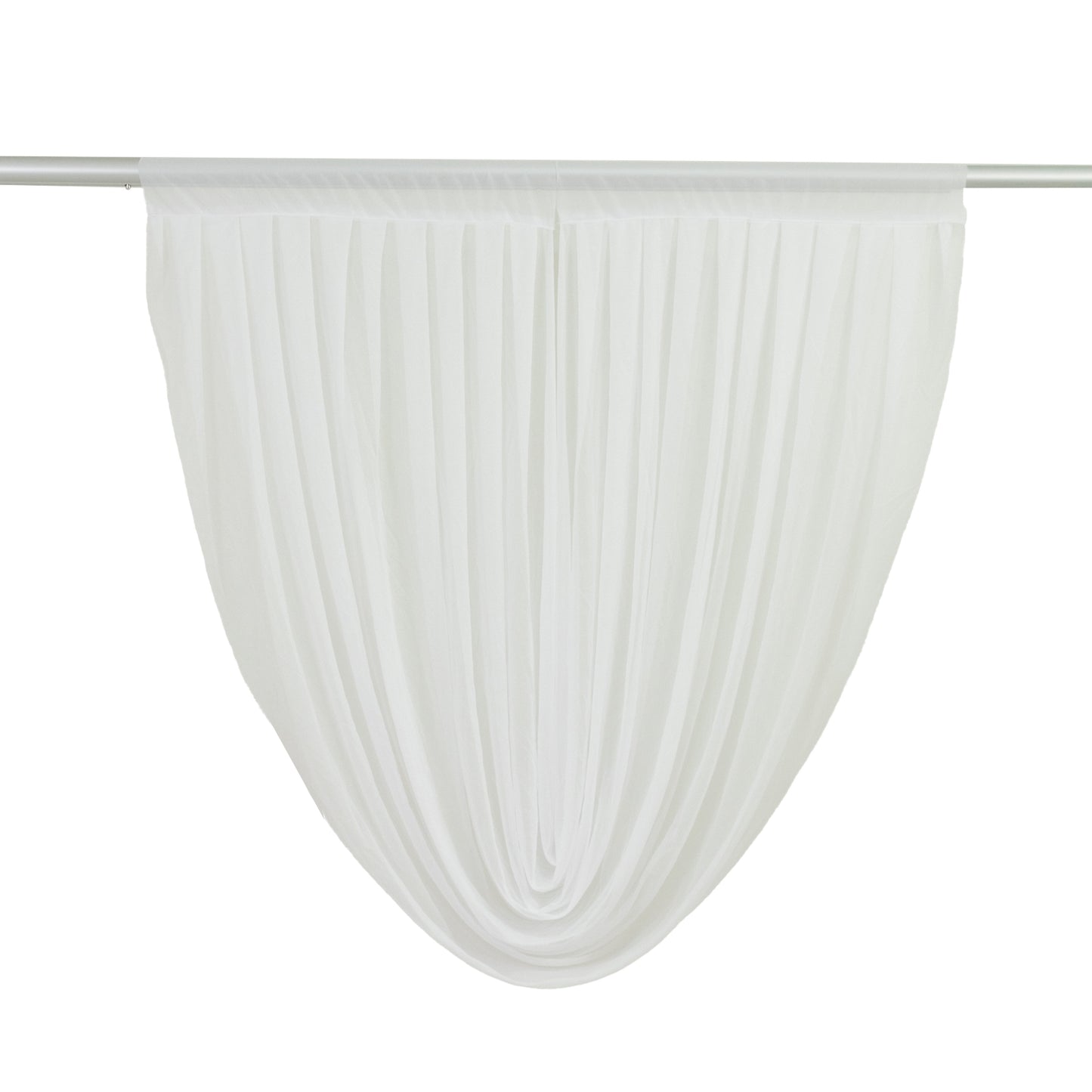 White sheer chiffon backdrop valance drapes with curved swag topper panel.