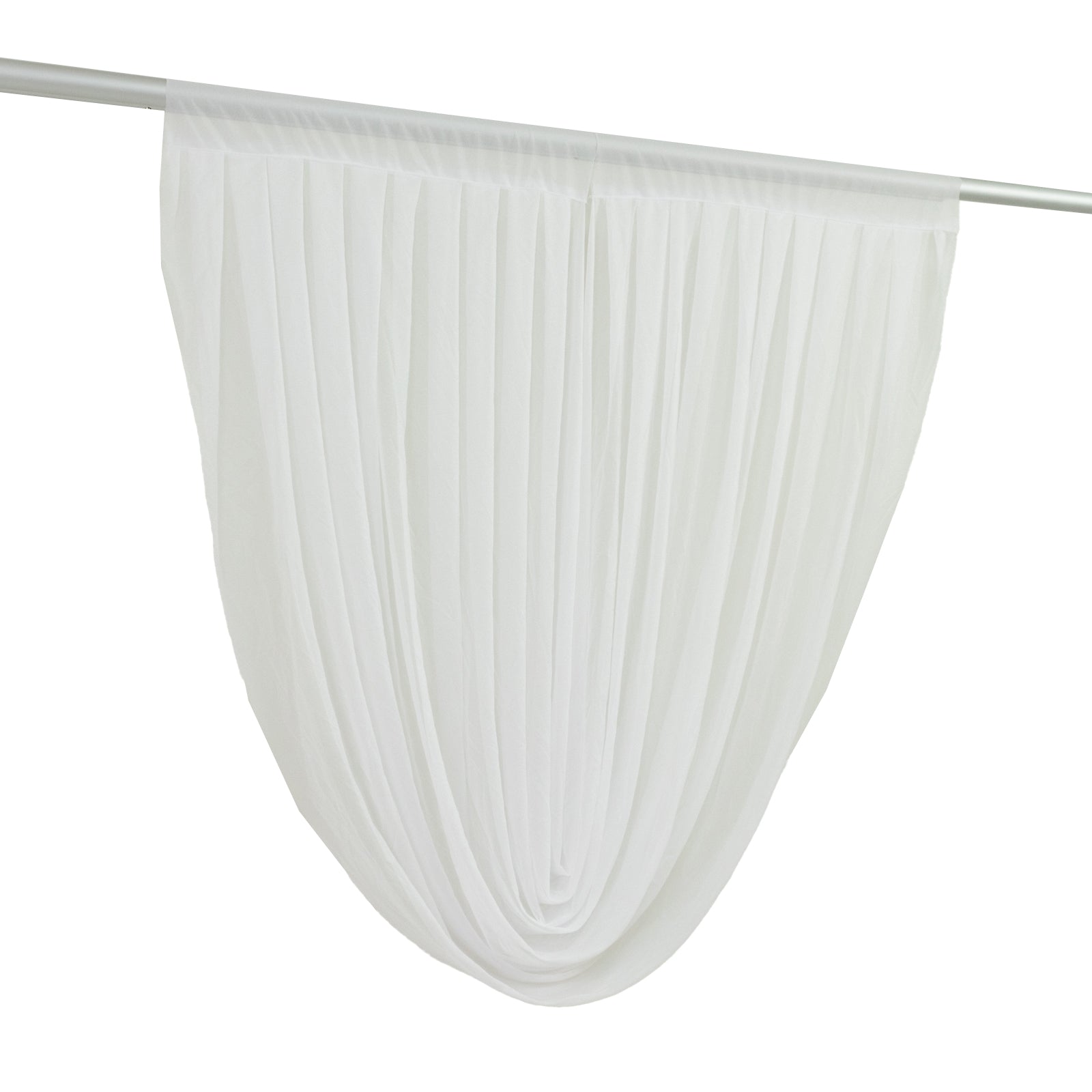 White sheer chiffon backdrop valance drapes with curved swag design.