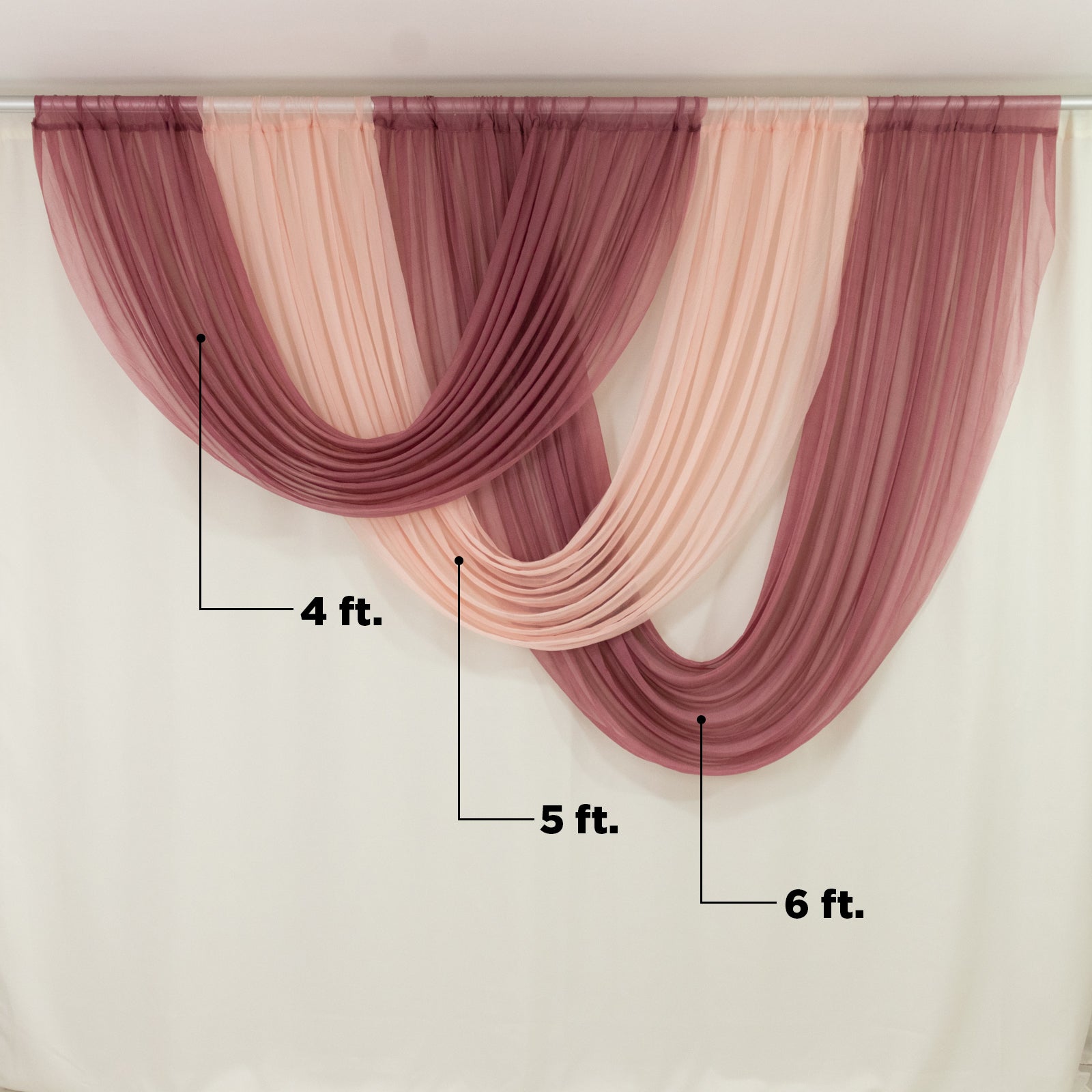 Blush sheer chiffon valance curtain draped elegantly, perfect for weddings.
