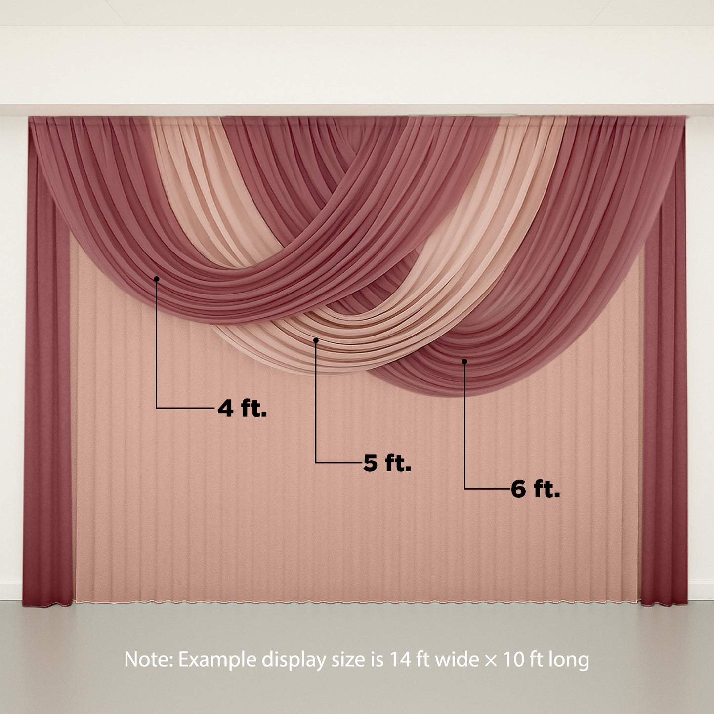 Blush sheer chiffon valance curtain draped elegantly in a wedding arch setup.