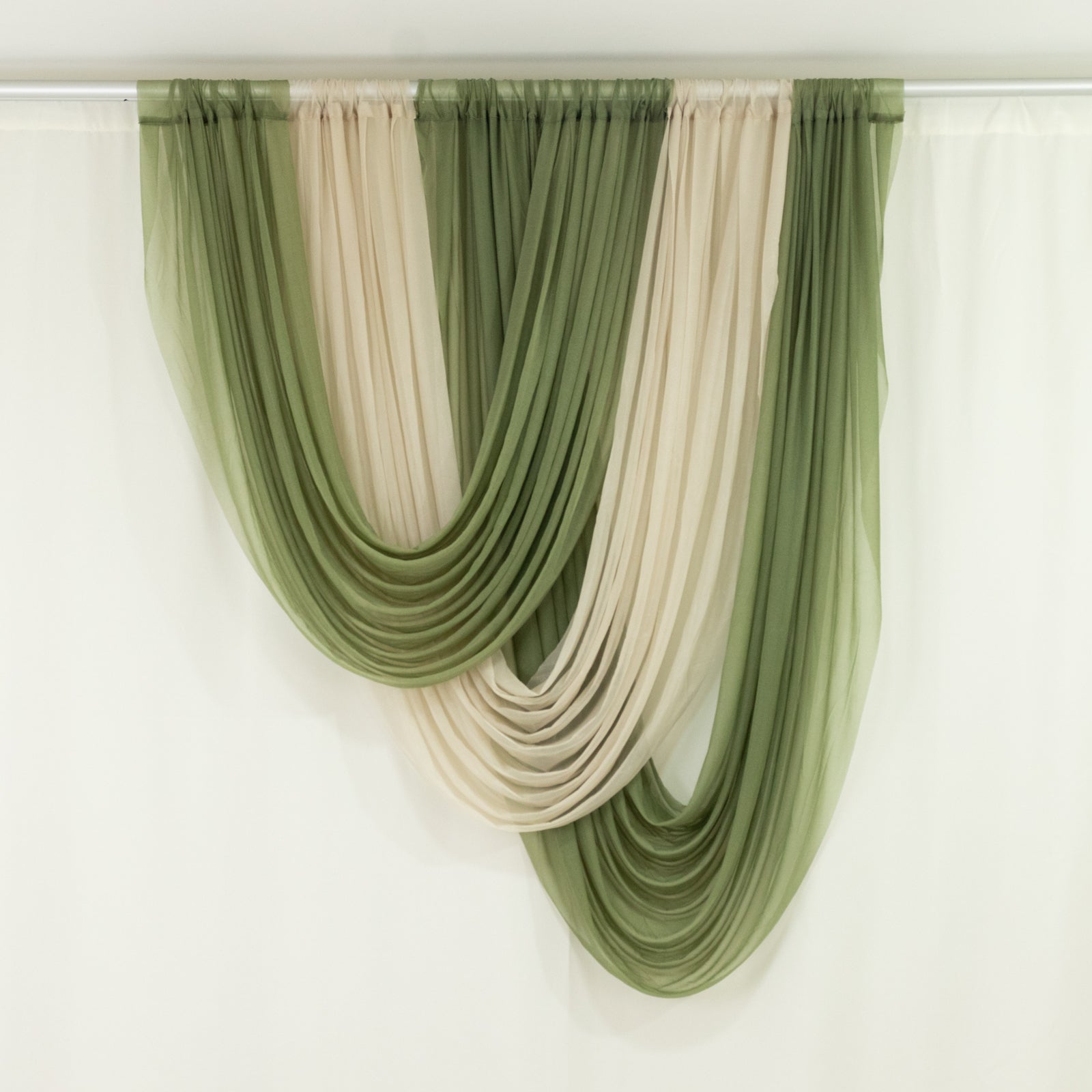 Beige Sheer Chiffon Valance Curtain draped with green accents.