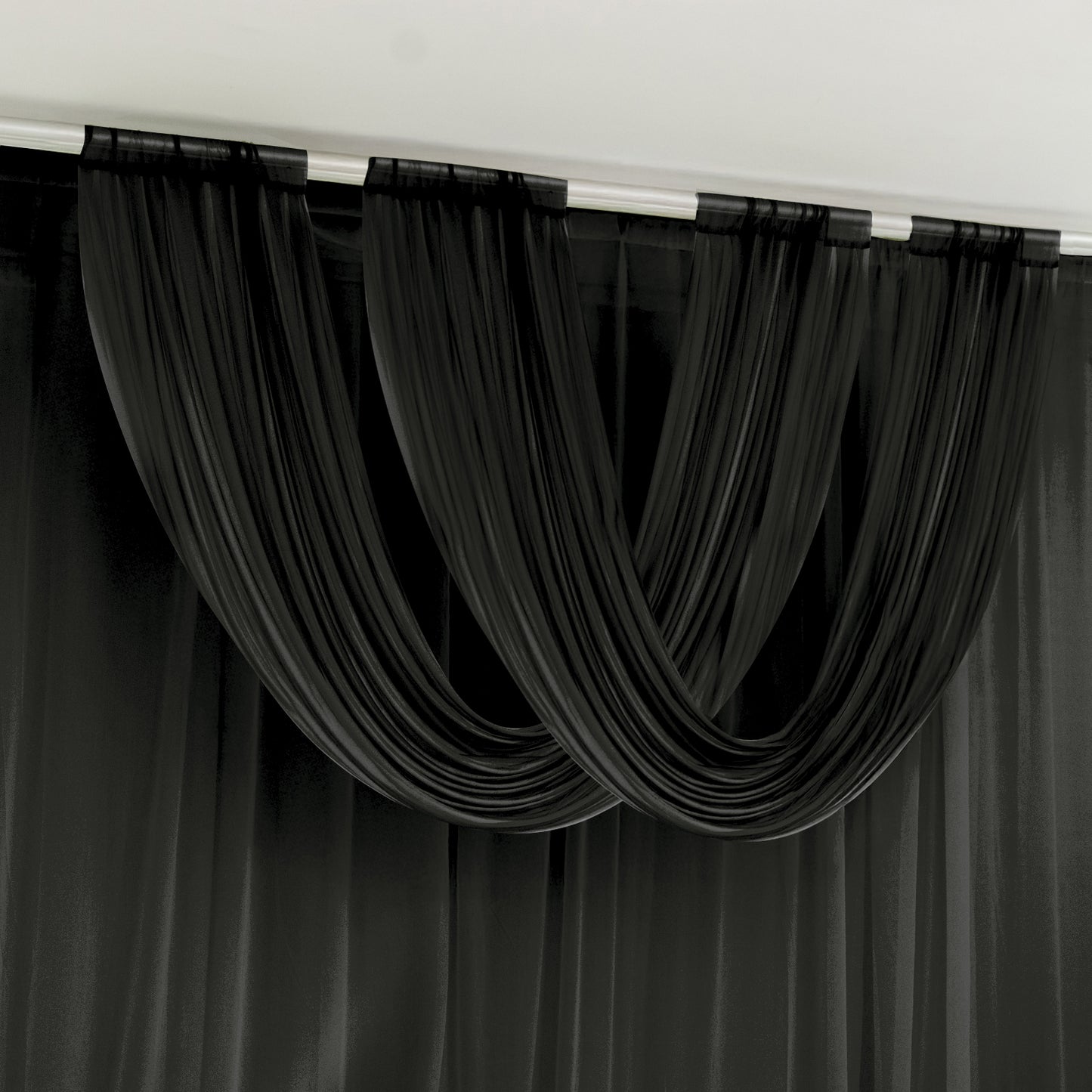 Black sheer chiffon valance curtain draped elegantly.