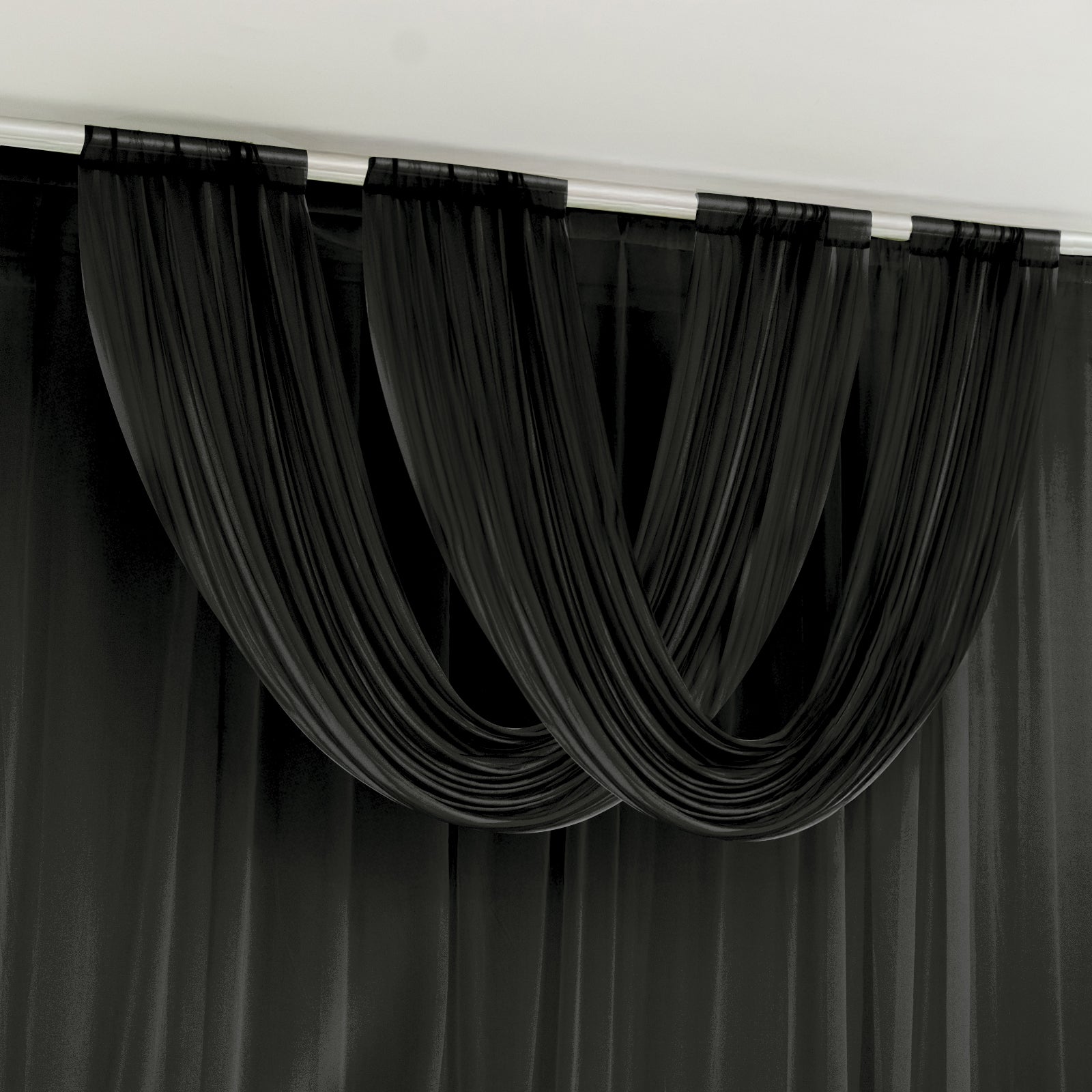 Black sheer chiffon valance curtain draped elegantly.