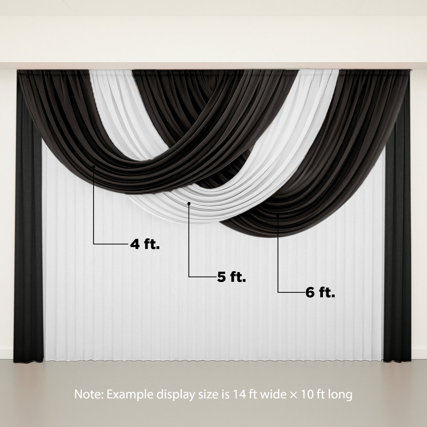 White sheer chiffon valance curtain draped backdrop panel.